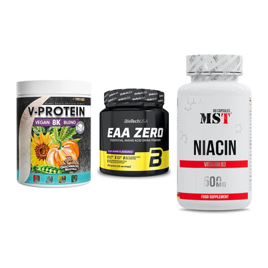 Pflanzliches Set: ProFuel V-Prote + BioTech EAA + MST Niacin – alle enthaltenen Artikel
