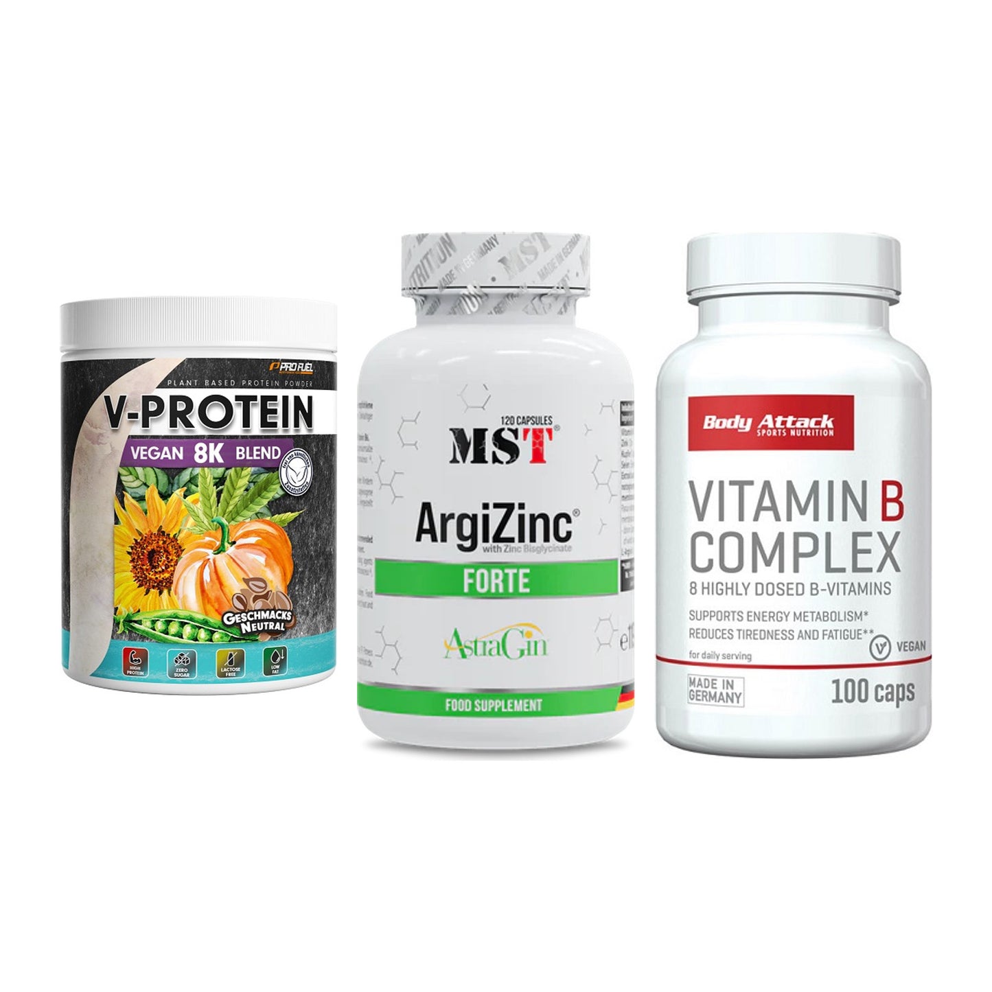 Pflanzliches Set: ProFuel V-Prote + MST ArgiZinc + Body Attack – alle enthaltenen Artikel