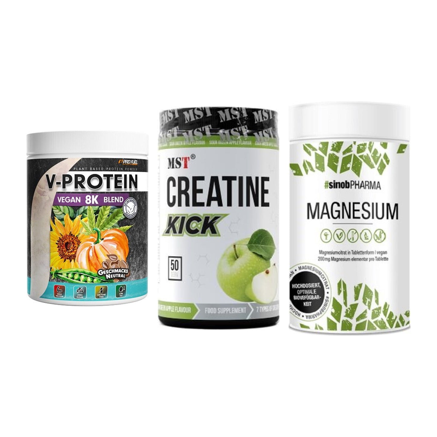 Pflanzliches Set: ProFuel V-Prote + MST Creatine + Sinob Magnesium – alle enthaltenen Artikel