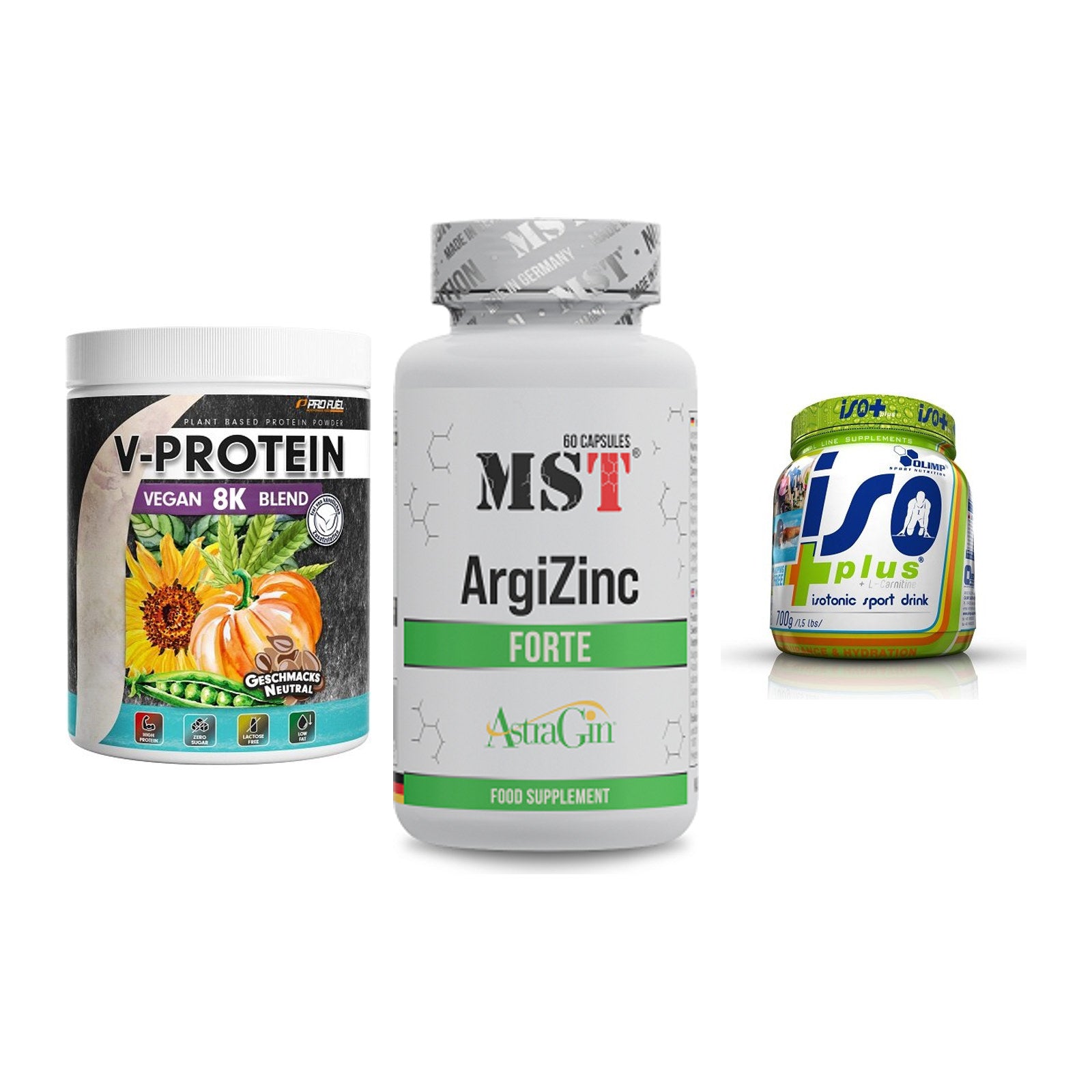 Pflanzliches Set: ProFuel V-Prote + MST ArgiZinc + Olimp Iso Plus – alle enthaltenen Artikel