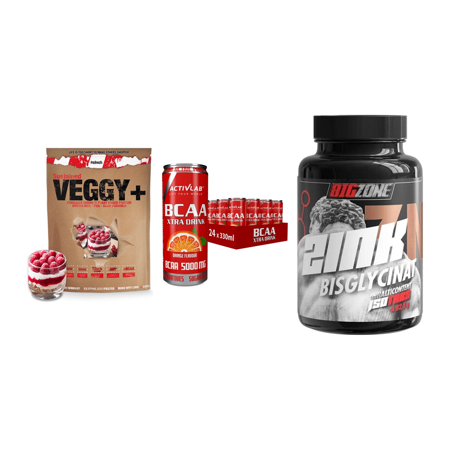 Pflanzliches Set: Sinob VEGGY + Activlab BCAA + Big Zone Zink – alle enthaltenen Artikel