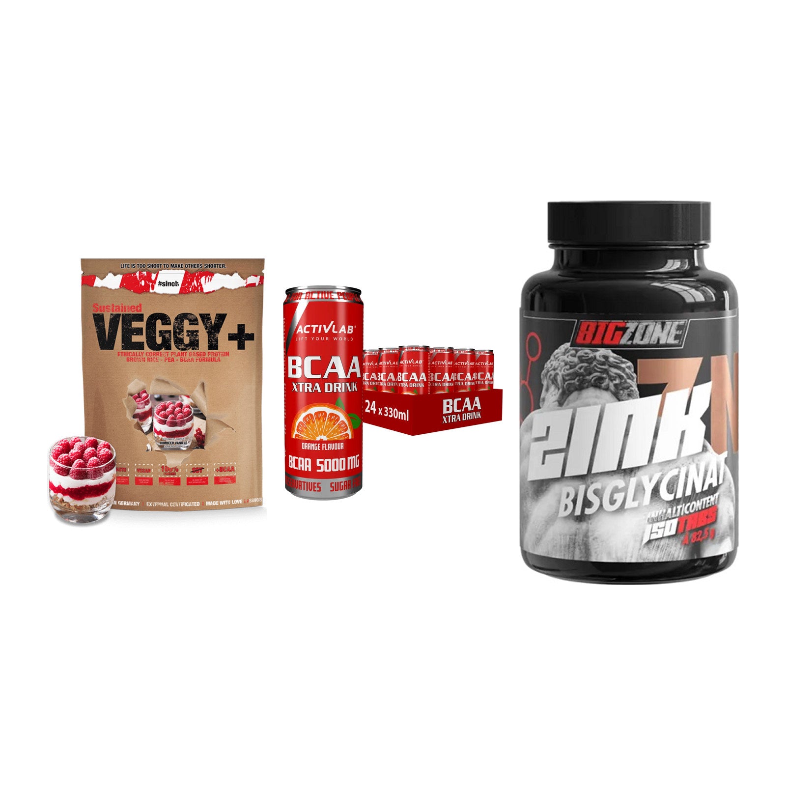 Pflanzliches Set: Sinob VEGGY + Activlab BCAA + Big Zone Zink – alle enthaltenen Artikel