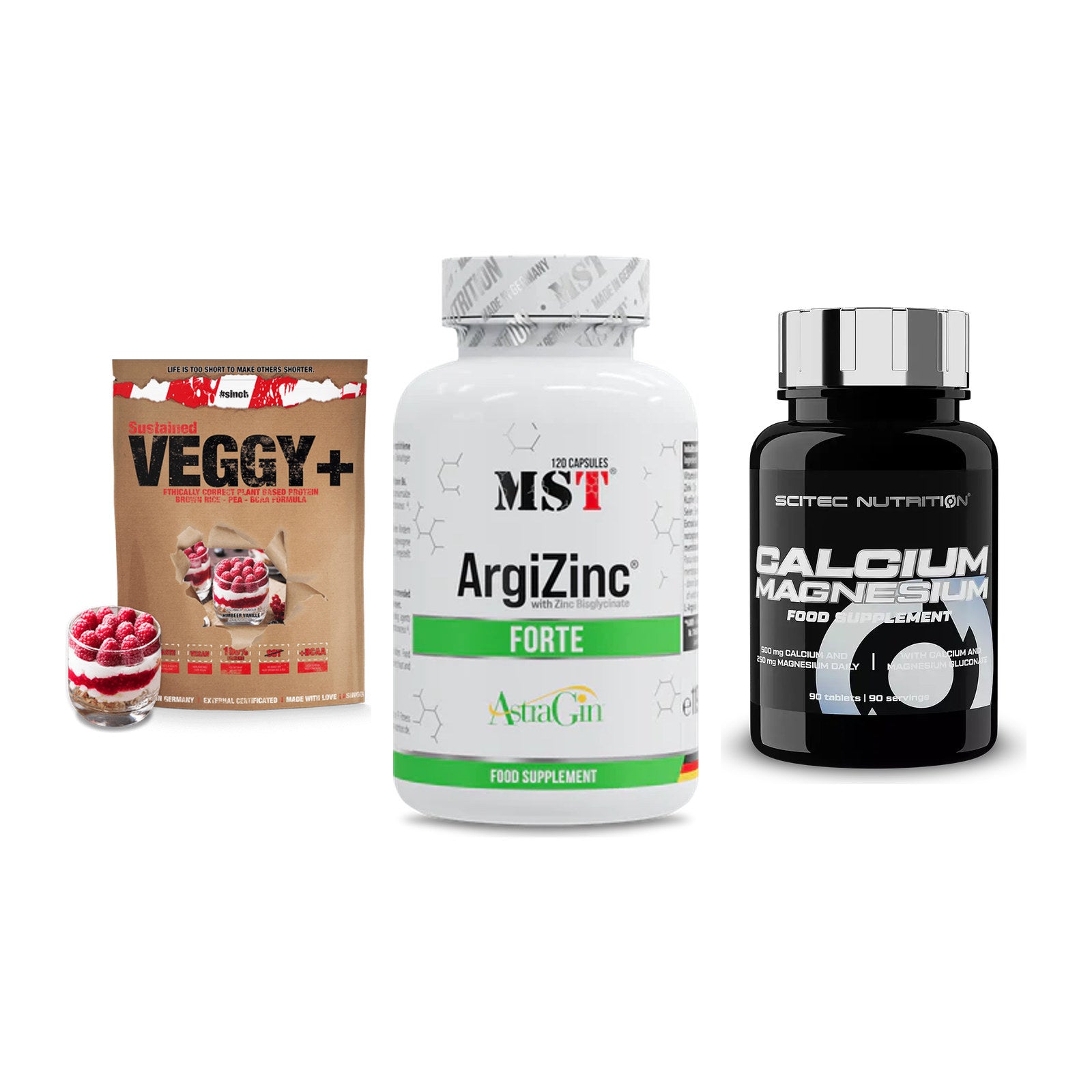 Pflanzliches Set: Sinob VEGGY + MST ArgiZinc + Scitec Calcium – alle enthaltenen Artikel