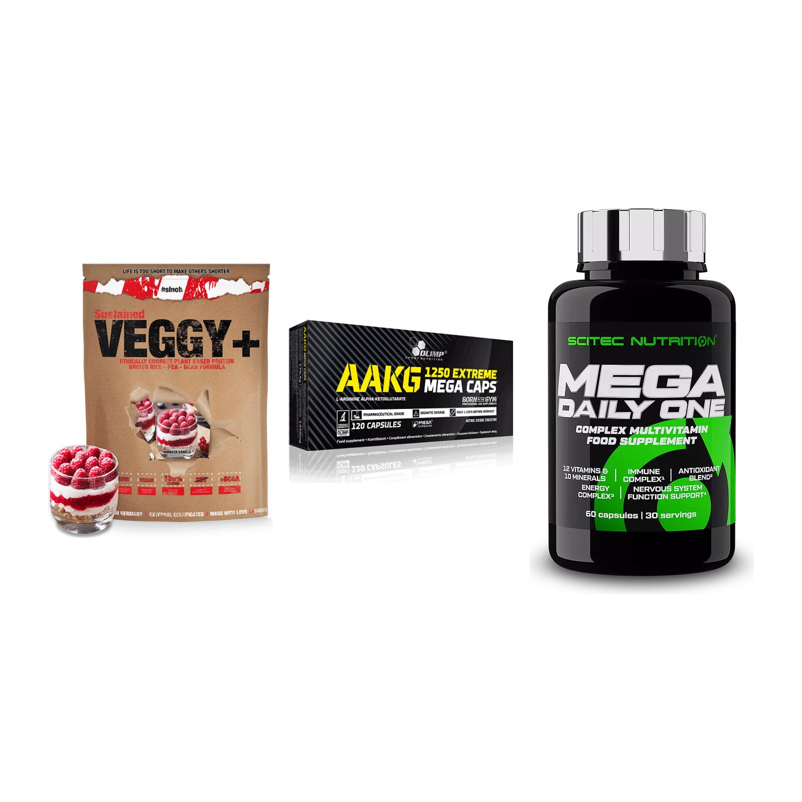 Pflanzliches Set: Sinob VEGGY + Olimp AAKG + Scitec Mega – alle enthaltenen Artikel