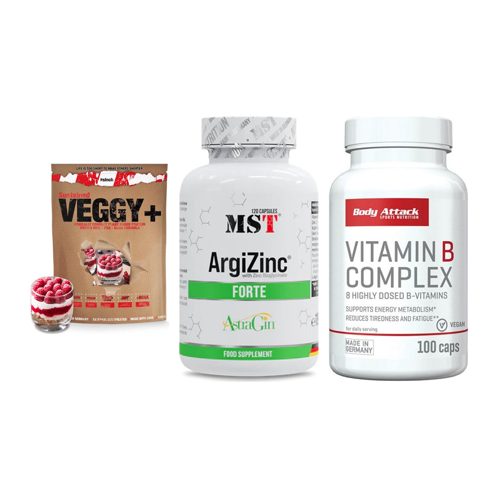 Pflanzliches Set: Sinob VEGGY + MST ArgiZinc + Body Attack – alle enthaltenen Artikel