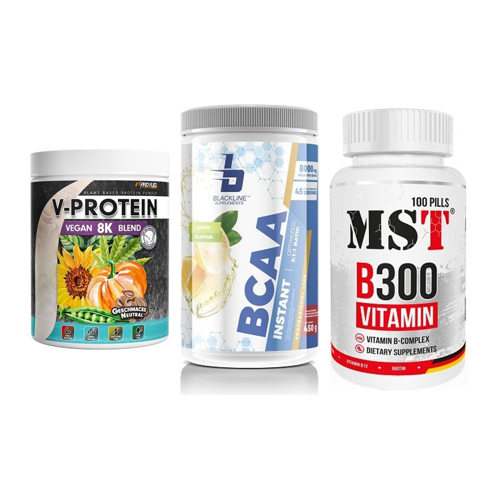 Pflanzliches Set: ProFuel V-Prote + Blackline + MST B300 – alle enthaltenen Artikel