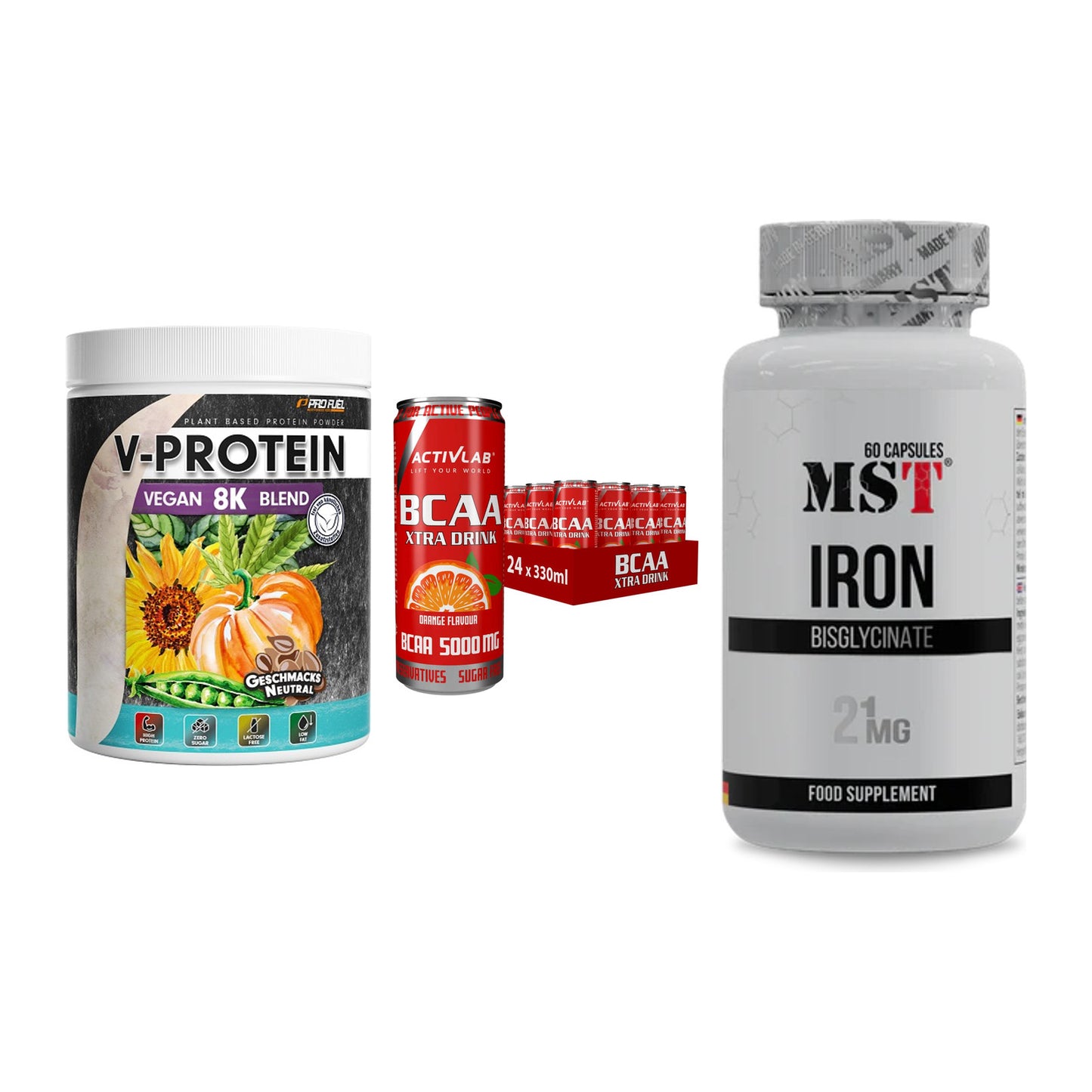 Pflanzliches Set: ProFuel V-Prote + Activlab BCAA + MST Iron – alle enthaltenen Artikel
