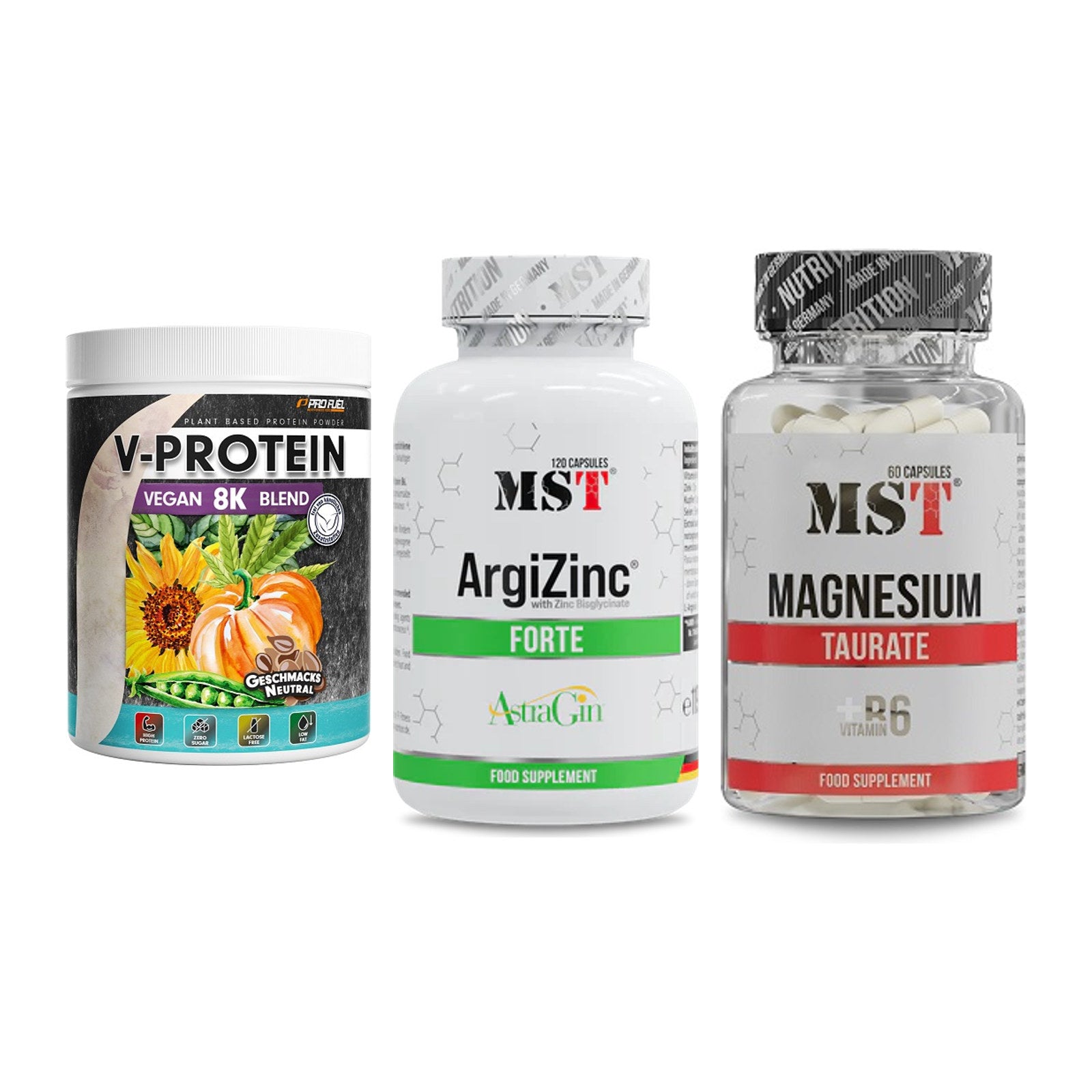 Pflanzliches Set: ProFuel V-Prote + MST ArgiZinc + MST Magnesium – alle enthaltenen Artikel