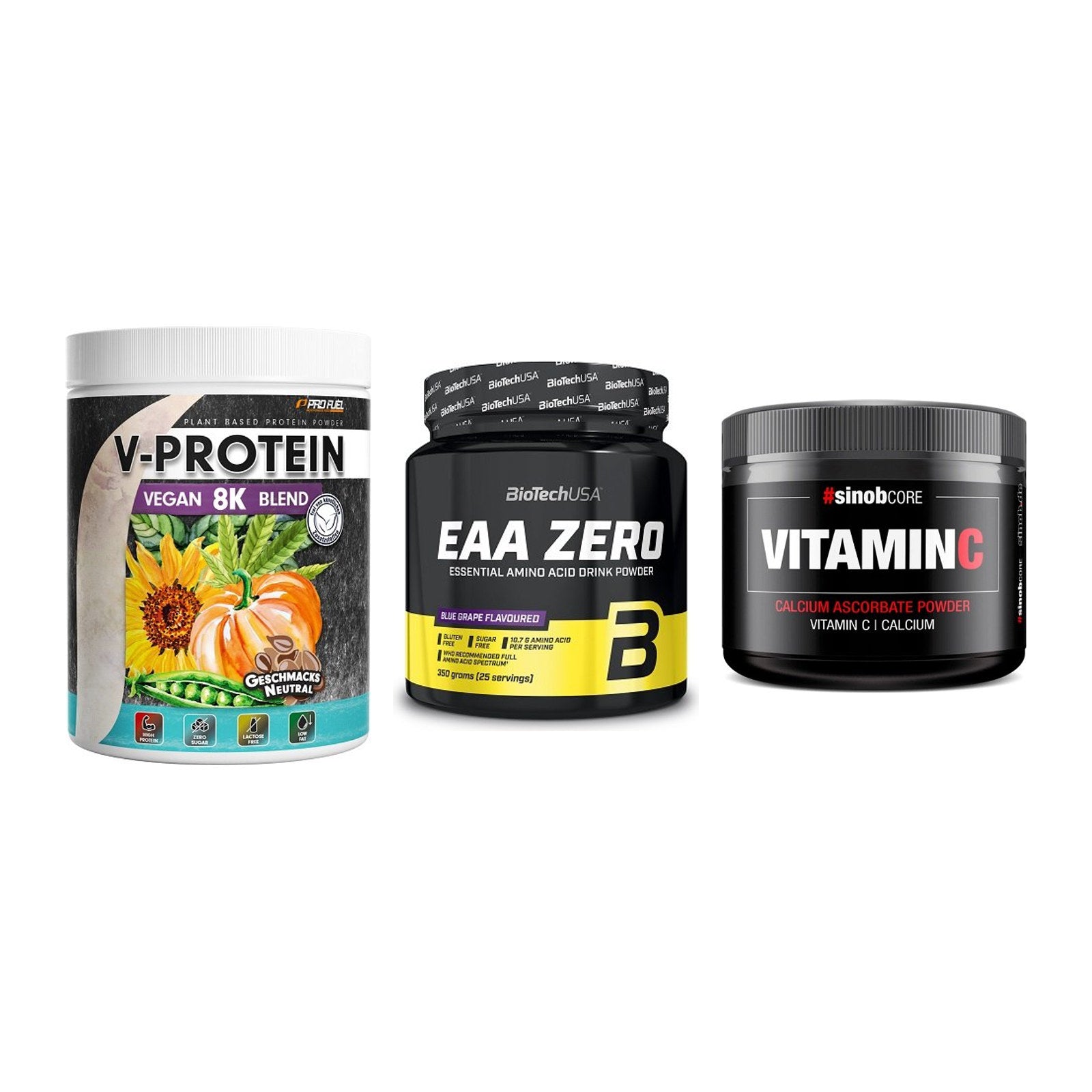 Pflanzliches Set: ProFuel V-Prote + BioTech EAA + Sinob Vitamin C – alle enthaltenen Artikel