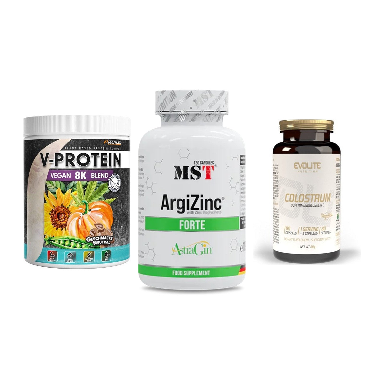 Pflanzliches Set: ProFuel V-Prote + MST ArgiZinc + Evolite Nutriti – alle enthaltenen Artikel