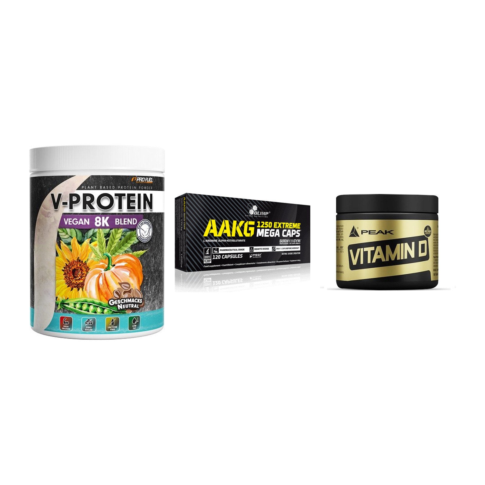 Pflanzliches Set: ProFuel V-Prote + Olimp AAKG + Peak Vitamin D – alle enthaltenen Artikel