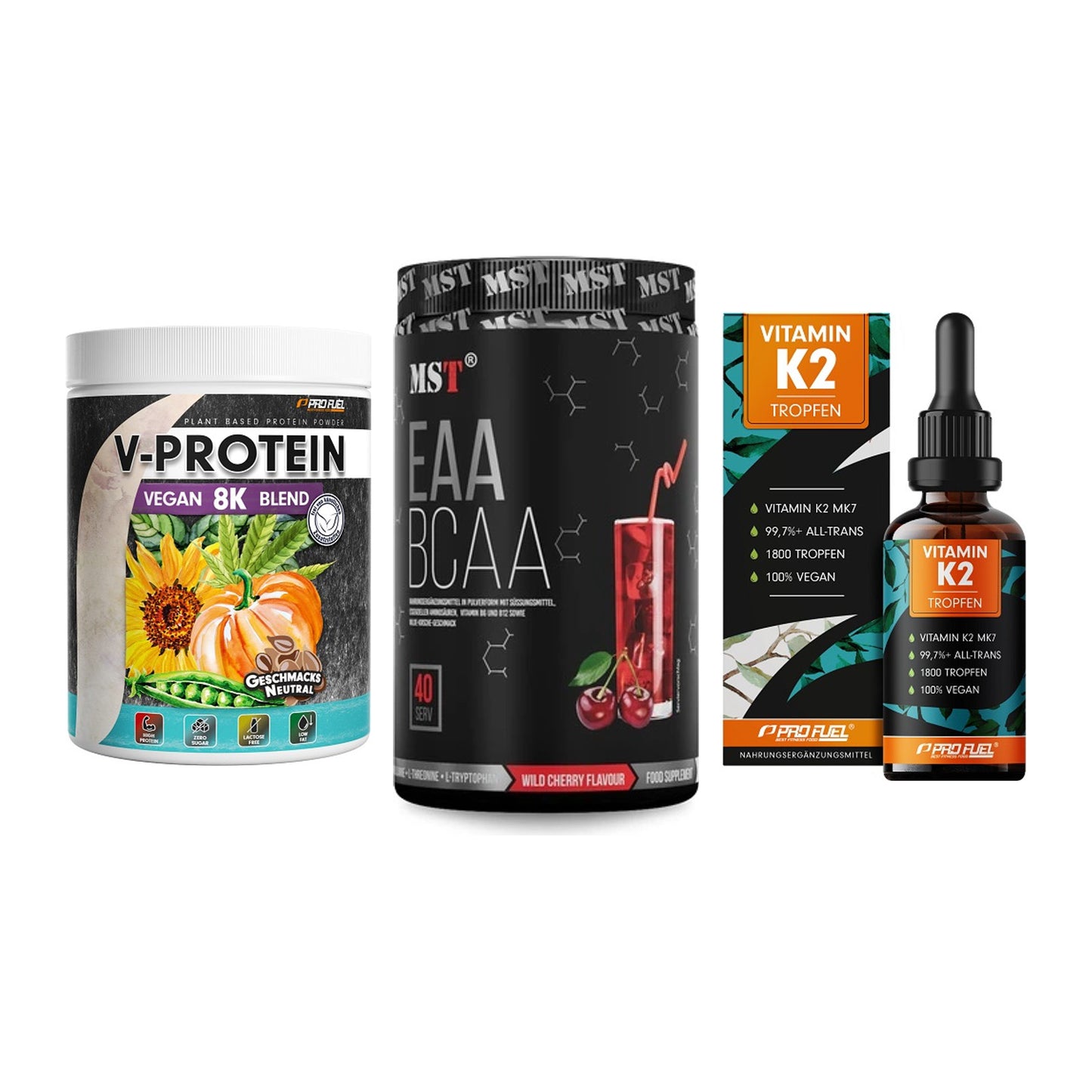 Pflanzliches Set: ProFuel V-Prote + MST EAA & BCAA + ProFuel Vitamin – alle enthaltenen Artikel