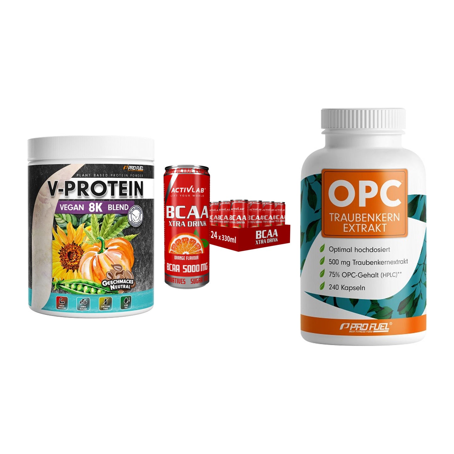 Pflanzliches Set: ProFuel V-Prote + Activlab BCAA + ProFuel OPC – alle enthaltenen Artikel