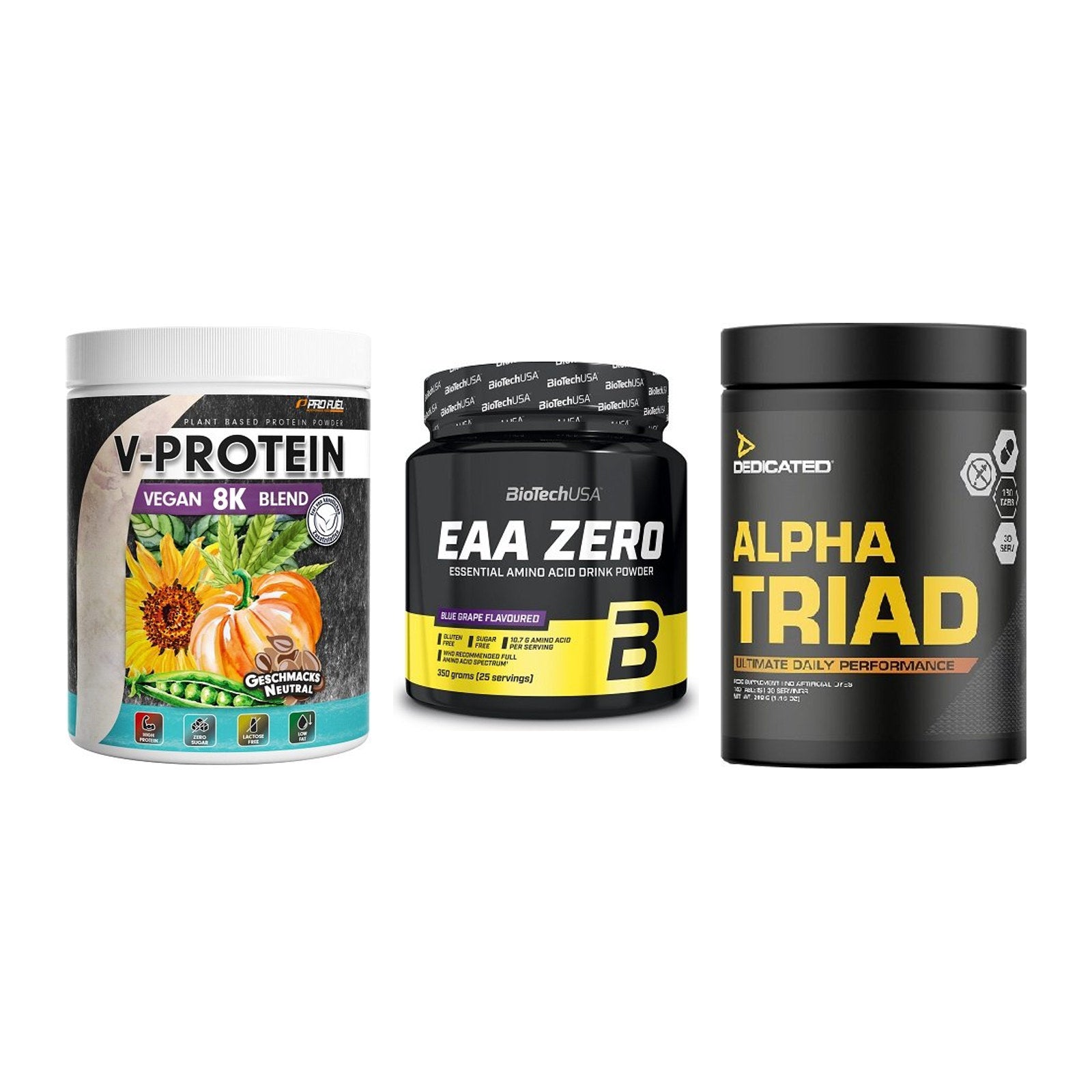 Pflanzliches Set: ProFuel V-Prote + BioTech EAA + Dedicated Alpha – alle enthaltenen Artikel