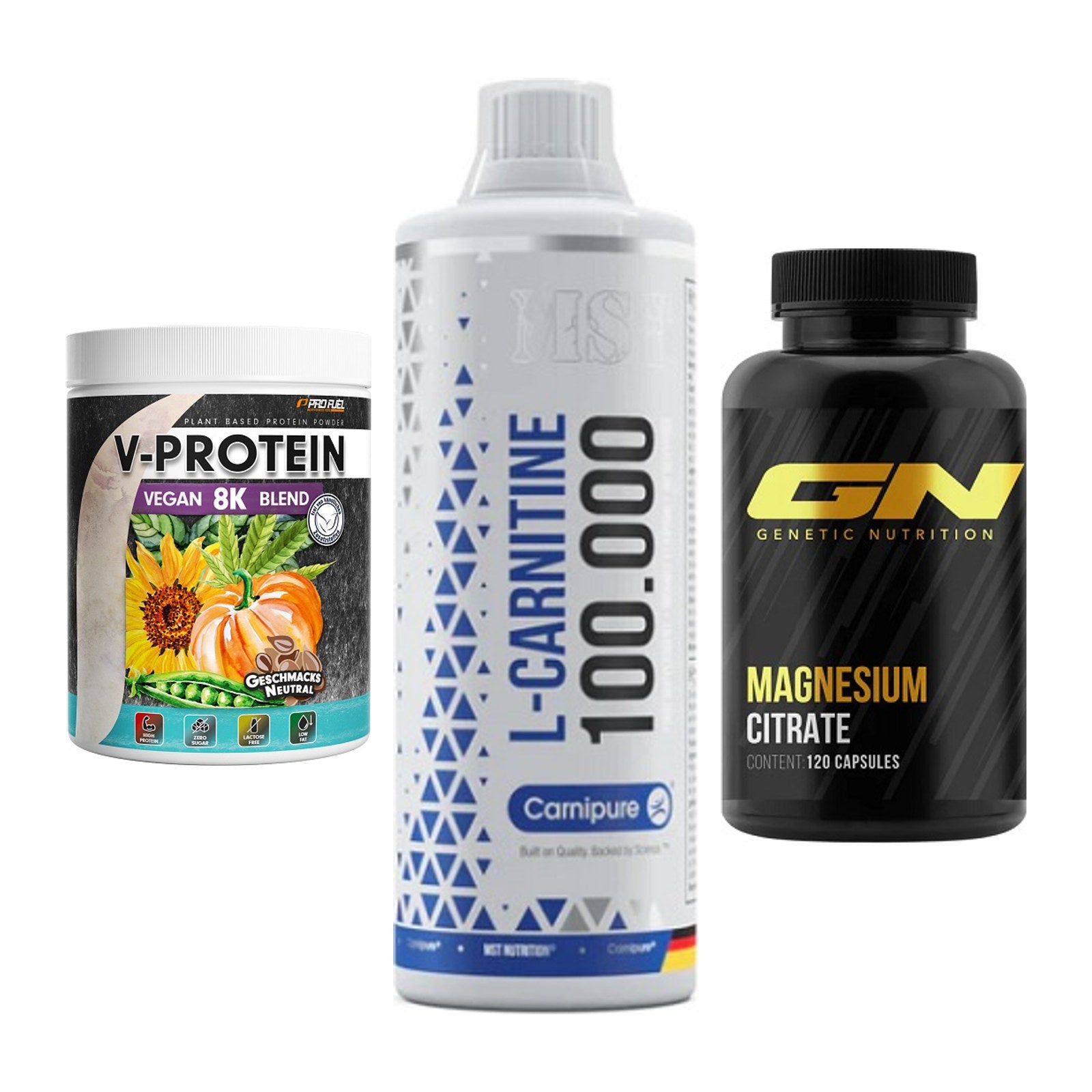 Pflanzliches Set: ProFuel V-Prote + MST L-Carnitine + GN Magnesium – alle enthaltenen Artikel