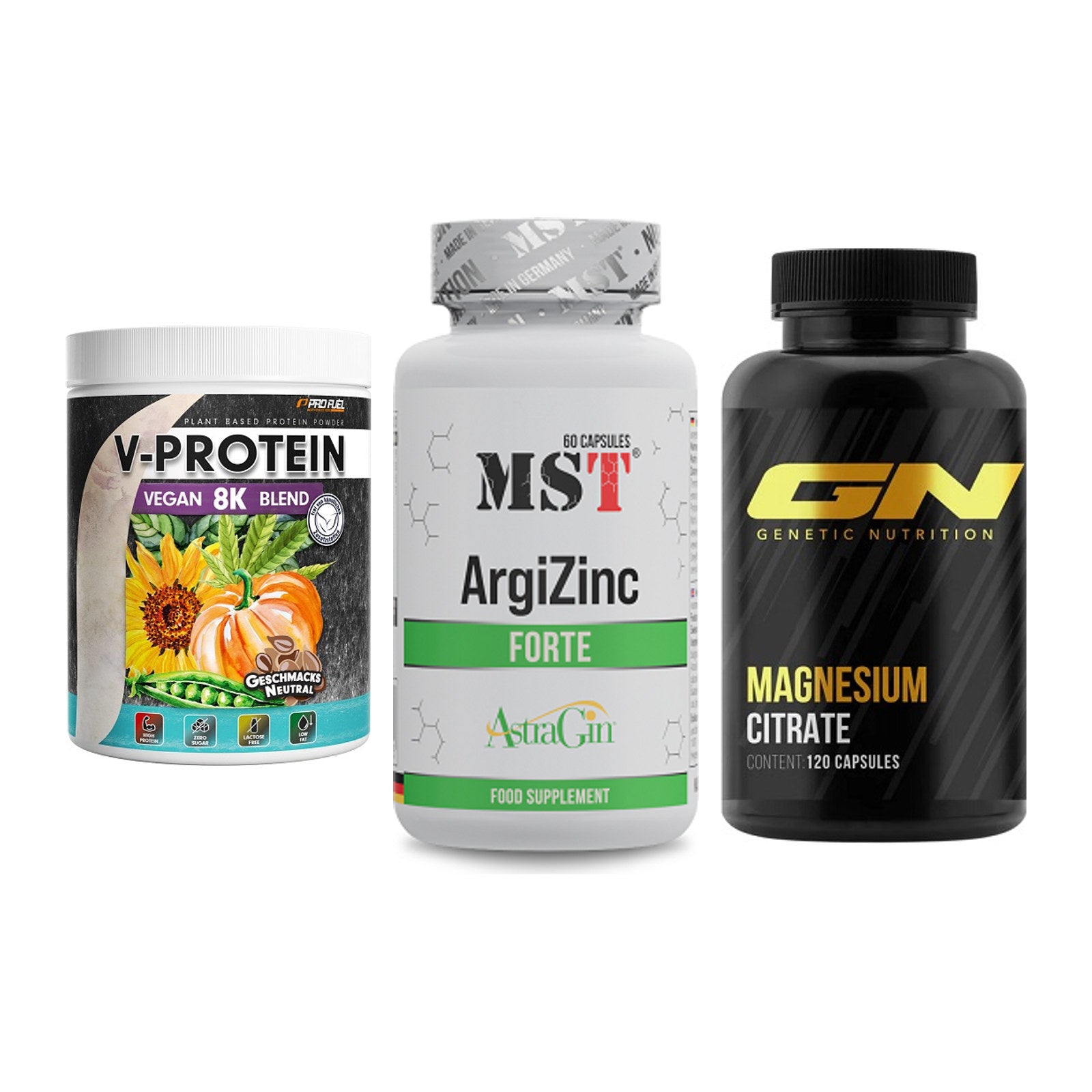 Pflanzliches Set: ProFuel V-Prote + MST ArgiZinc + GN Magnesium – alle enthaltenen Artikel