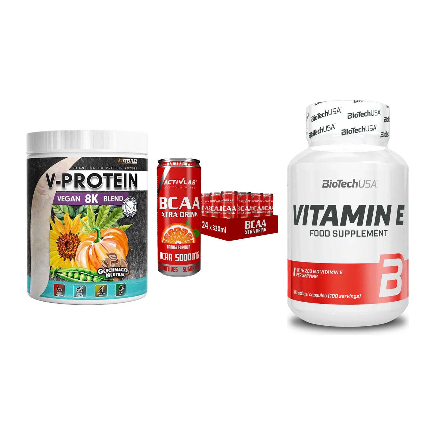 Pflanzliches Set: ProFuel V-Prote + Activlab BCAA + BioTech Vitamin – alle enthaltenen Artikel