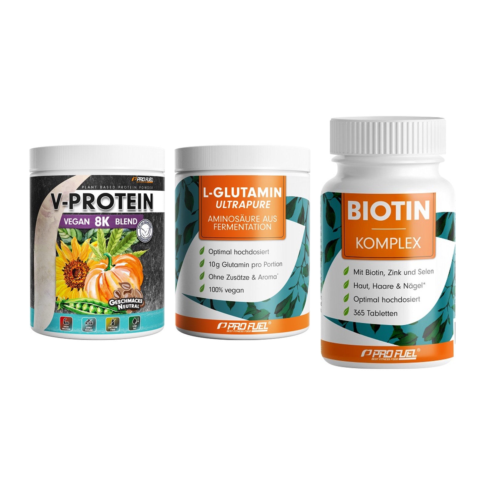 Pflanzliches Set: ProFuel V-Prote + ProFuel Glutami + ProFuel BIOTIN – alle enthaltenen Artikel