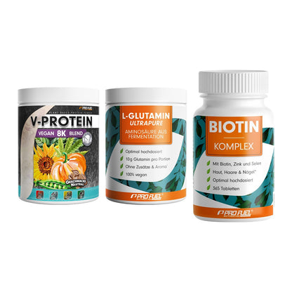 Pflanzliches Set: ProFuel V-Prote + ProFuel Glutami + ProFuel BIOTIN – alle enthaltenen Artikel