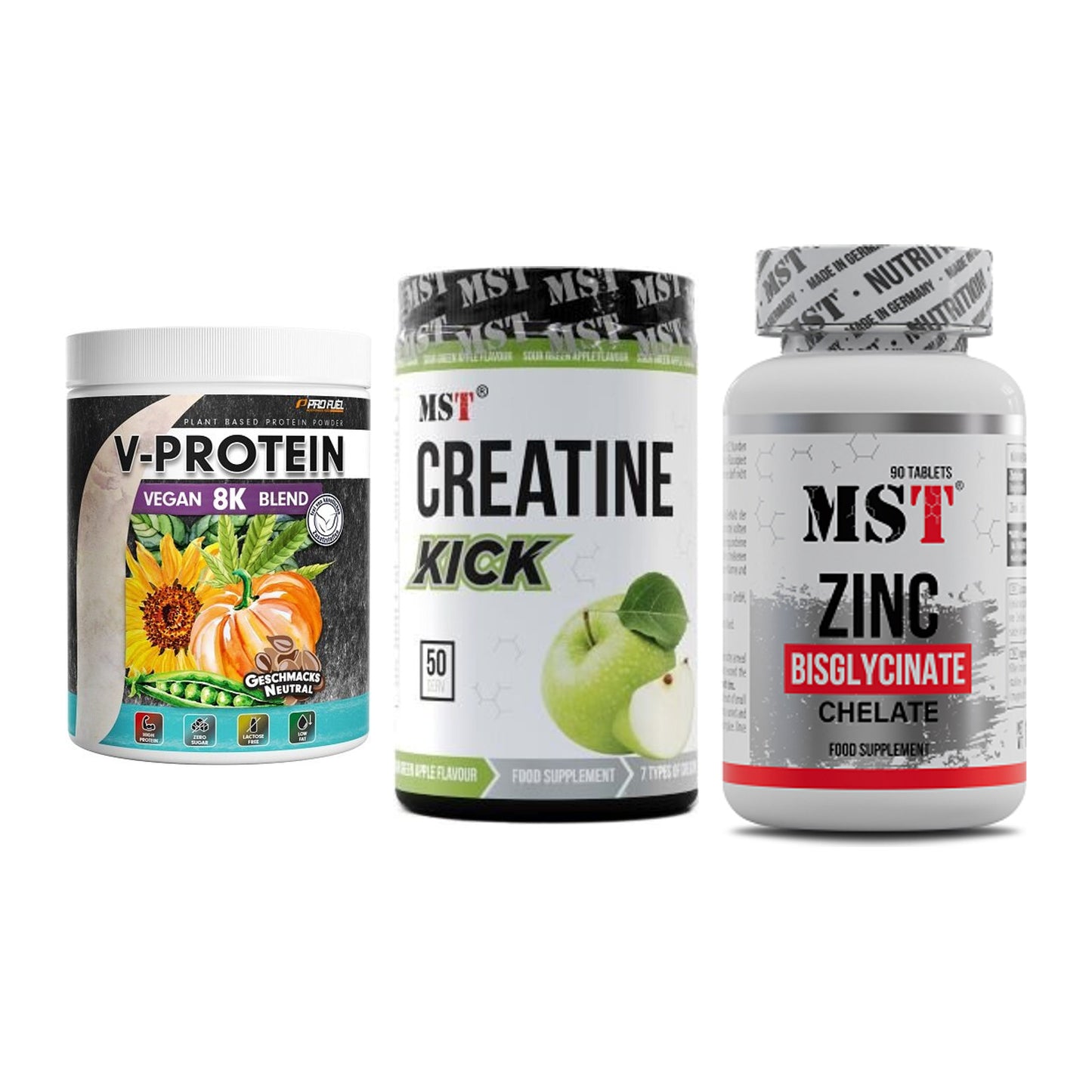 Pflanzliches Set: ProFuel V-Prote + MST Creatine + MST Zinc – alle enthaltenen Artikel