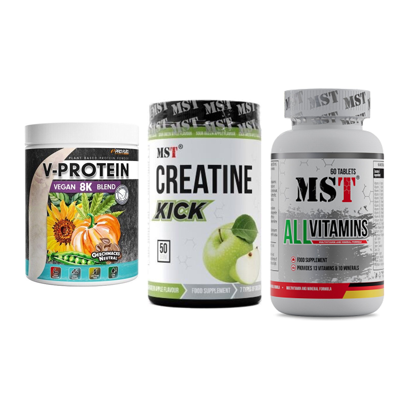 Pflanzliches Set: ProFuel V-Prote + MST Creatine + MST All Vitamin – alle enthaltenen Artikel