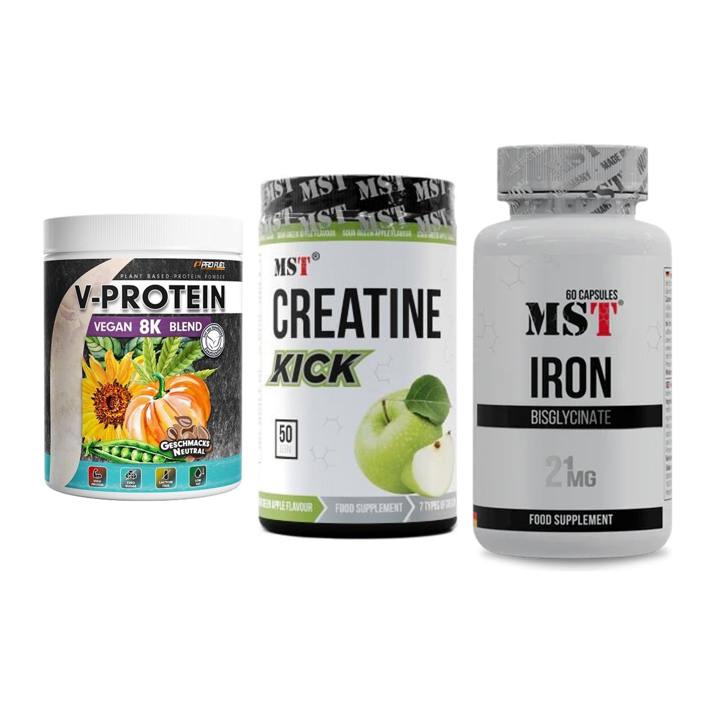 Pflanzliches Set: ProFuel V-Prote + MST Creatine + MST Iron – alle enthaltenen Artikel