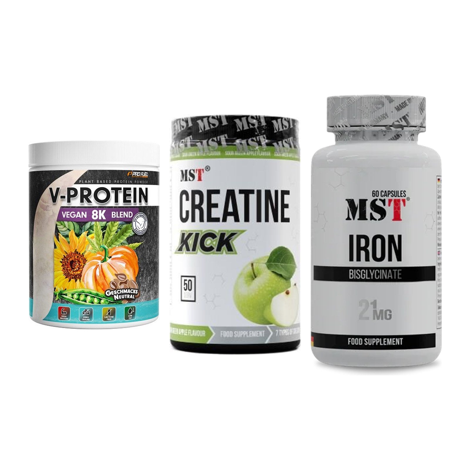 Pflanzliches Set: ProFuel V-Prote + MST Creatine + MST Iron – alle enthaltenen Artikel