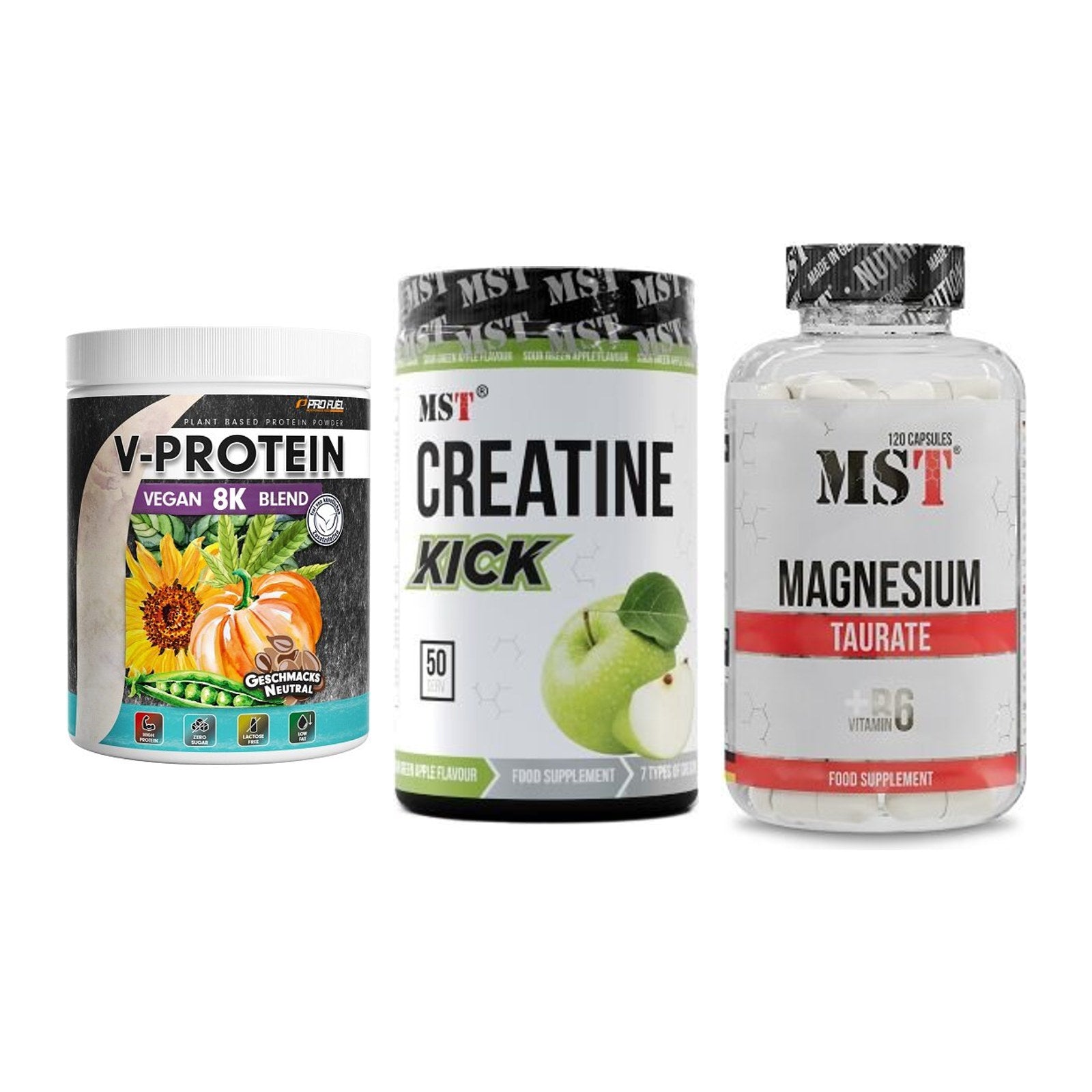 Pflanzliches Set: ProFuel V-Prote + MST Creatine + MST Magnesium – alle enthaltenen Artikel