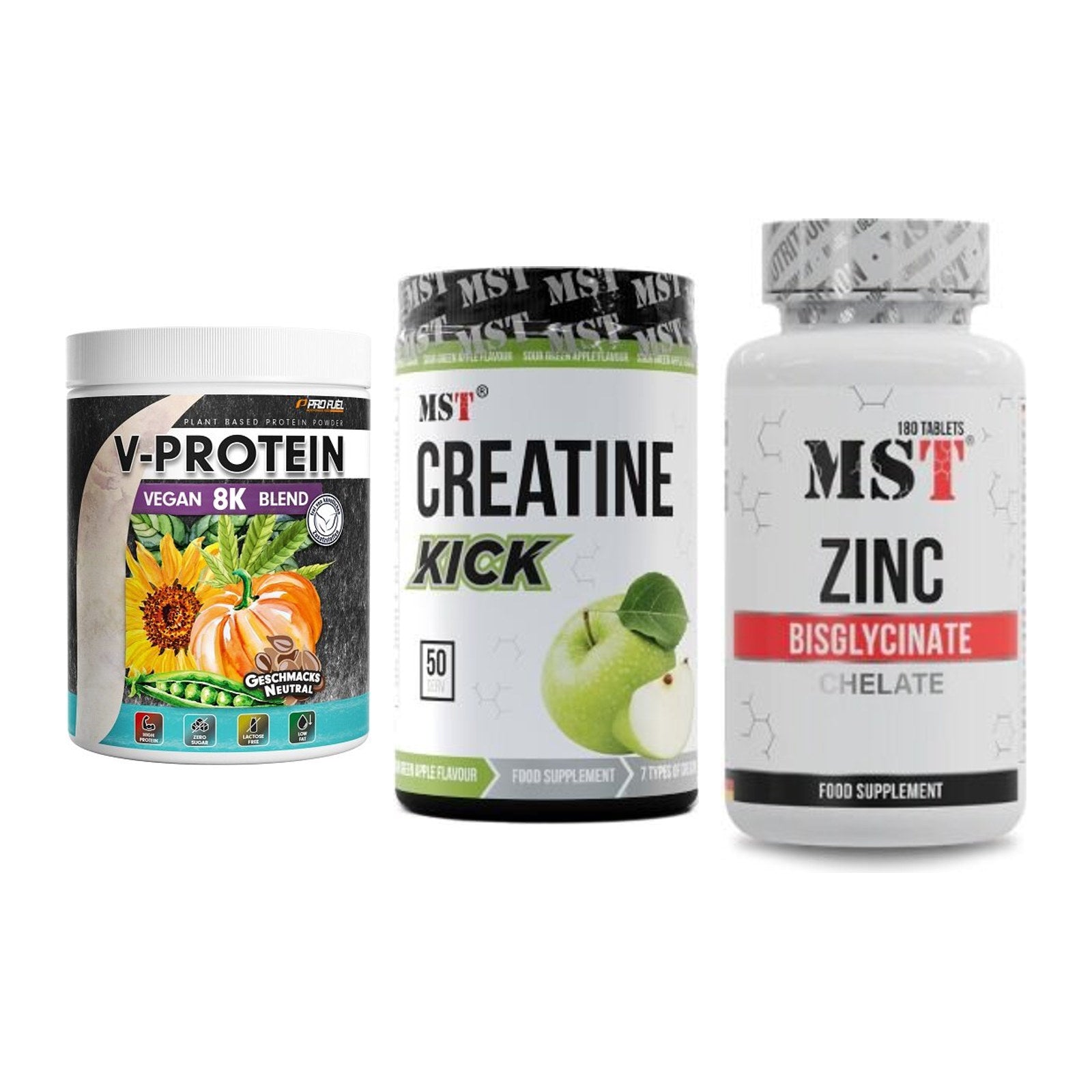 Pflanzliches Set: ProFuel V-Prote + MST Creatine + MST Zinc – alle enthaltenen Artikel