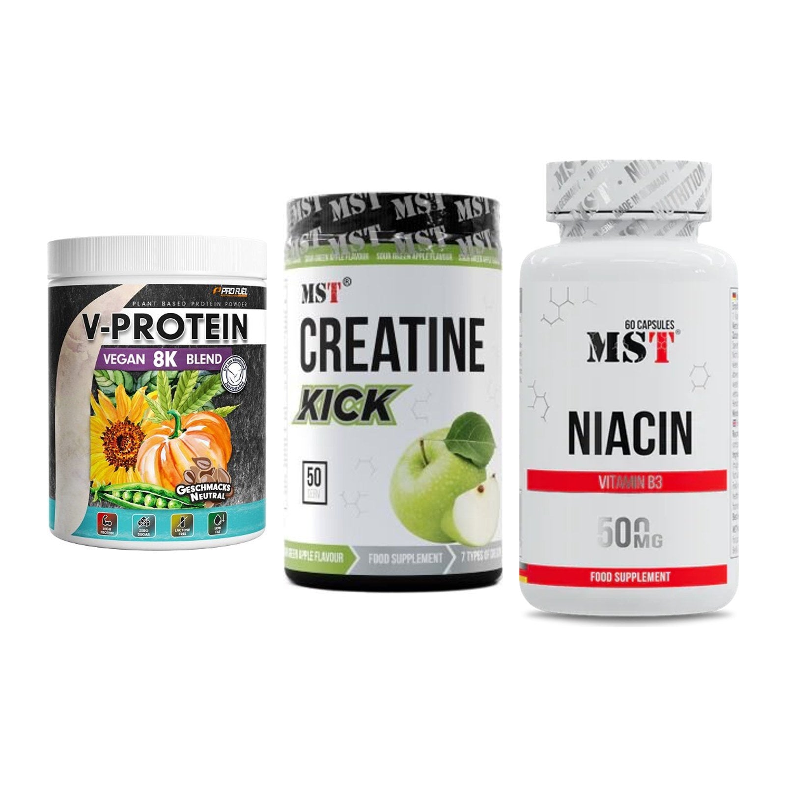 Pflanzliches Set: ProFuel V-Prote + MST Creatine + MST Niacin – alle enthaltenen Artikel
