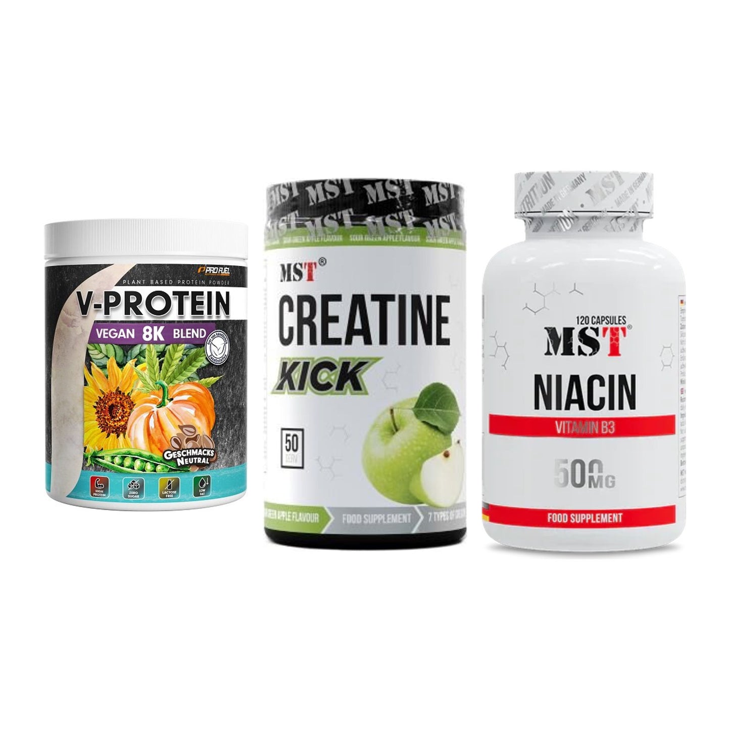 Pflanzliches Set: ProFuel V-Prote + MST Creatine + MST Niacin – alle enthaltenen Artikel