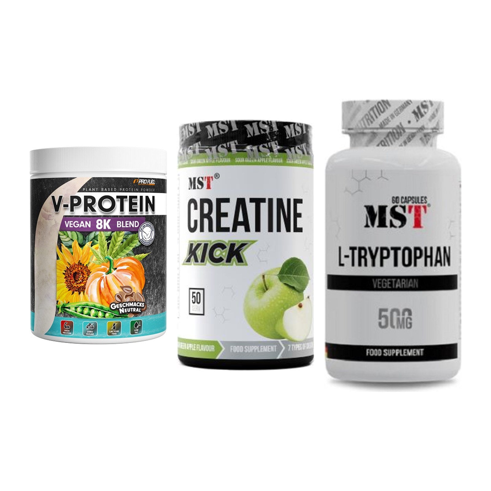 Pflanzliches Set: ProFuel V-Prote + MST Creatine + MST Tryptophan – alle enthaltenen Artikel