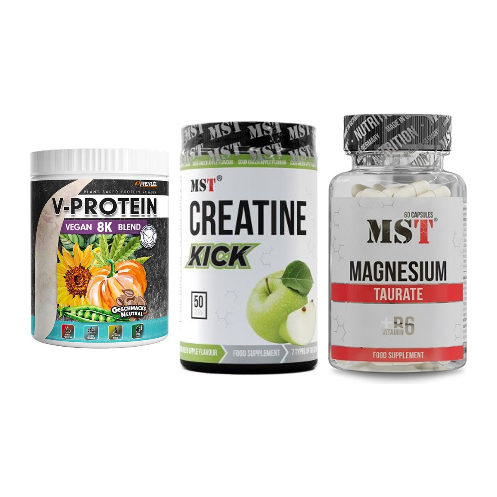 Pflanzliches Set: ProFuel V-Prote + MST Creatine + MST Magnesium – alle enthaltenen Artikel
