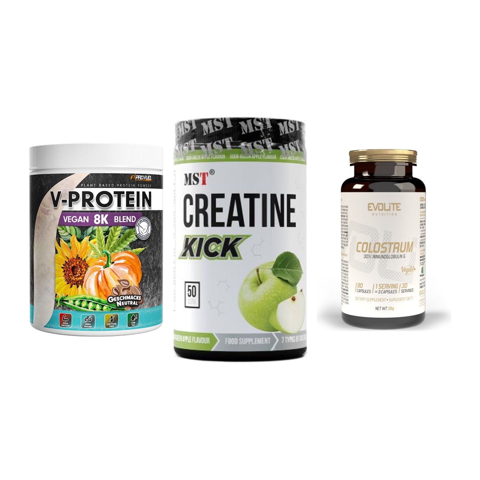Pflanzliches Set: ProFuel V-Prote + MST Creatine + Evolite Nutriti – alle enthaltenen Artikel