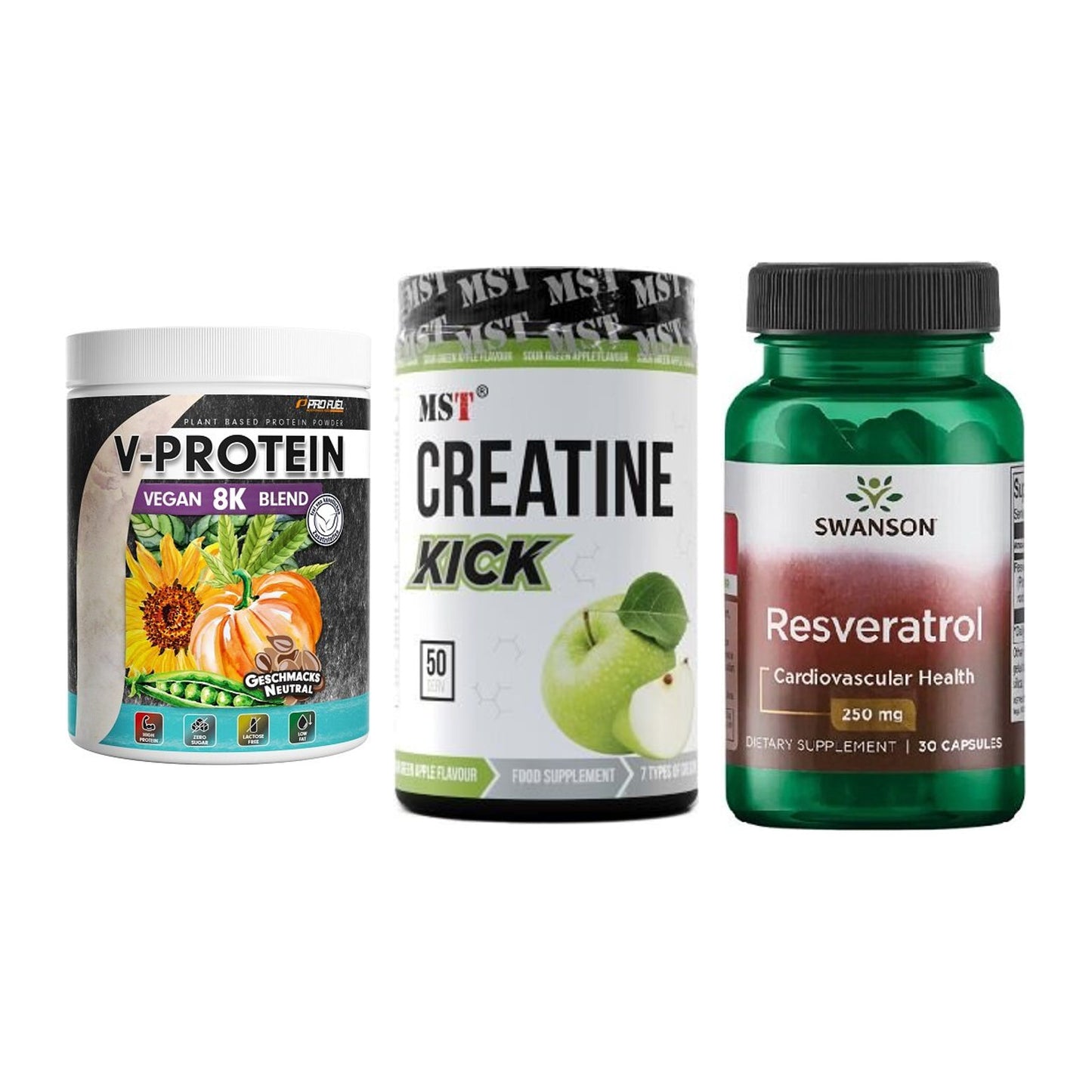Pflanzliches Set: ProFuel V-Prote + MST Creatine + Swanson Resvera – alle enthaltenen Artikel