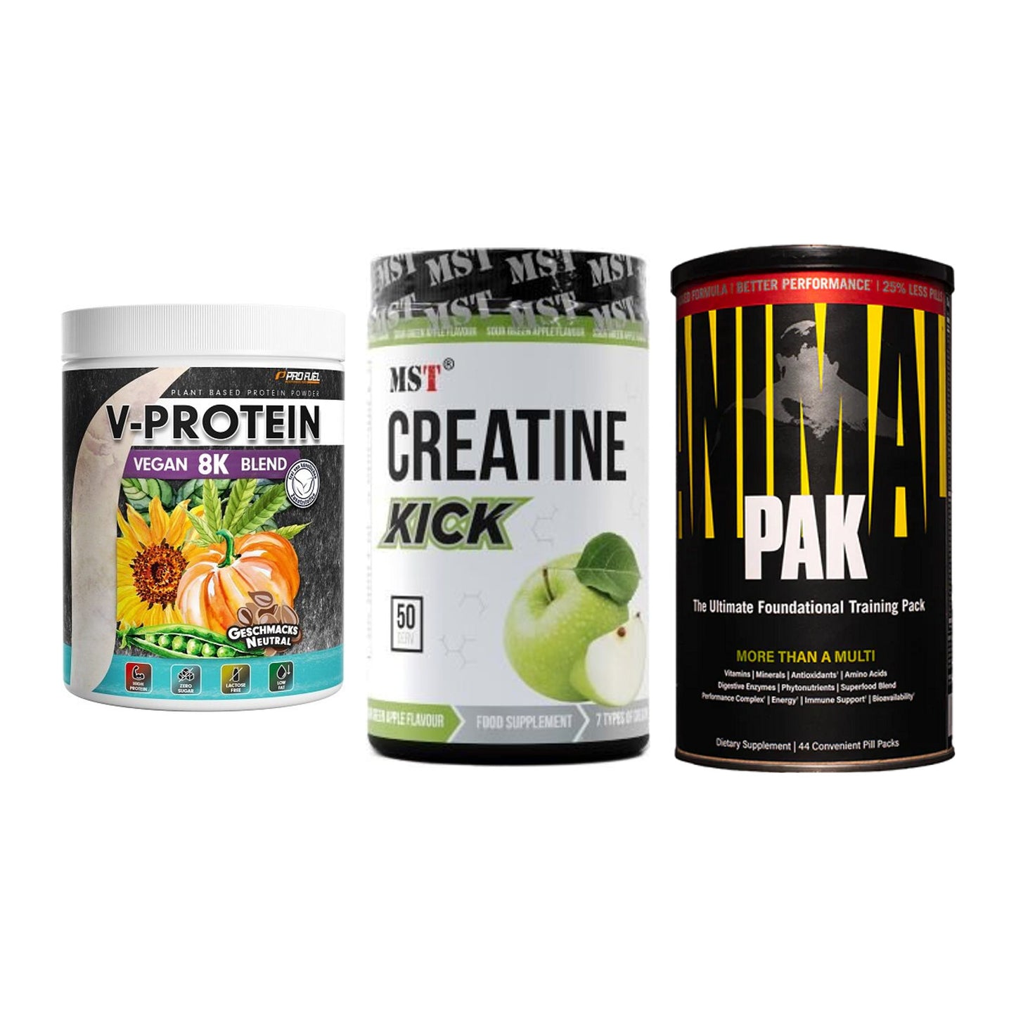 Pflanzliches Set: ProFuel V-Prote + MST Creatine + Universal – alle enthaltenen Artikel