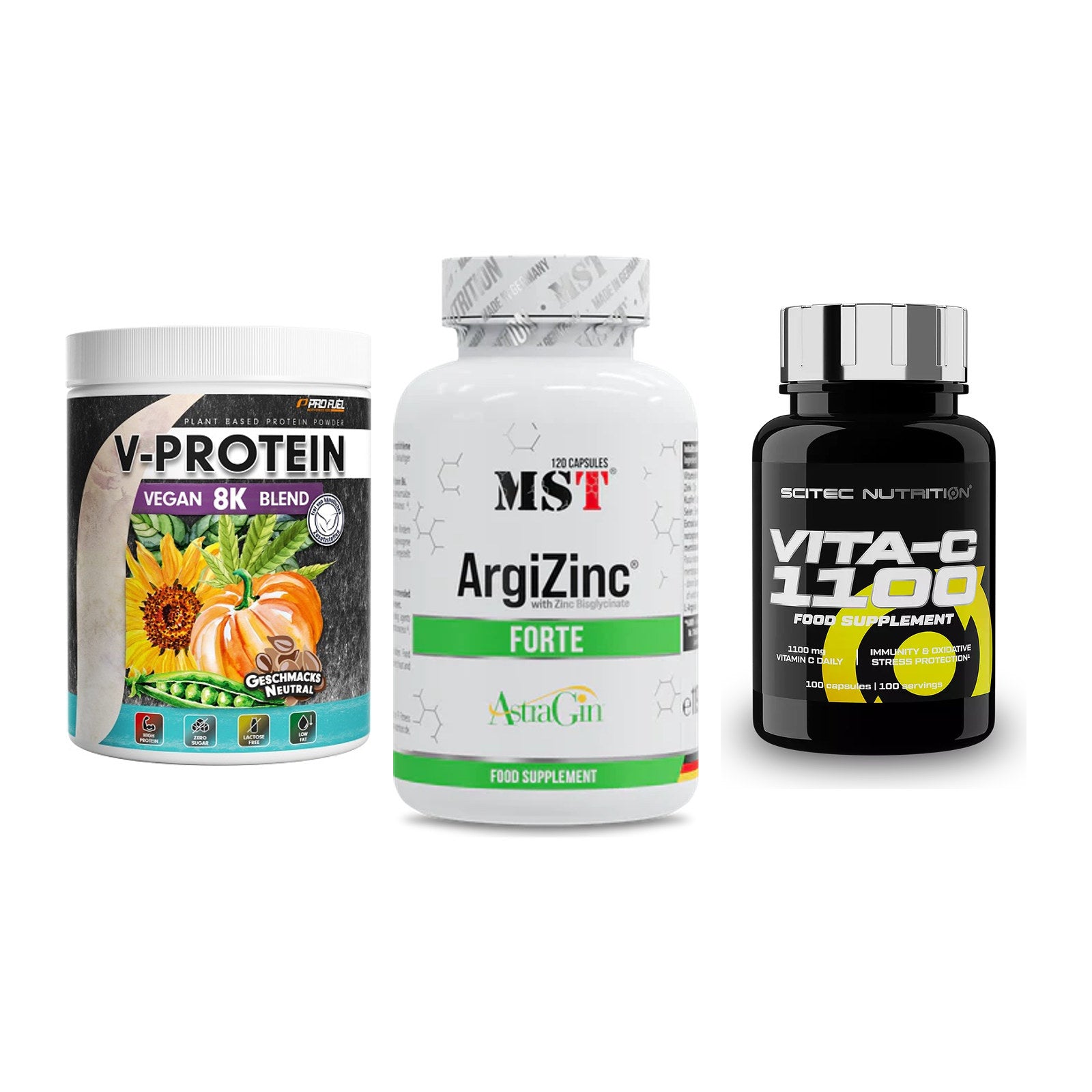 Pflanzliches Set: ProFuel V-Prote + MST ArgiZinc + Scitec Vitamin – alle enthaltenen Artikel