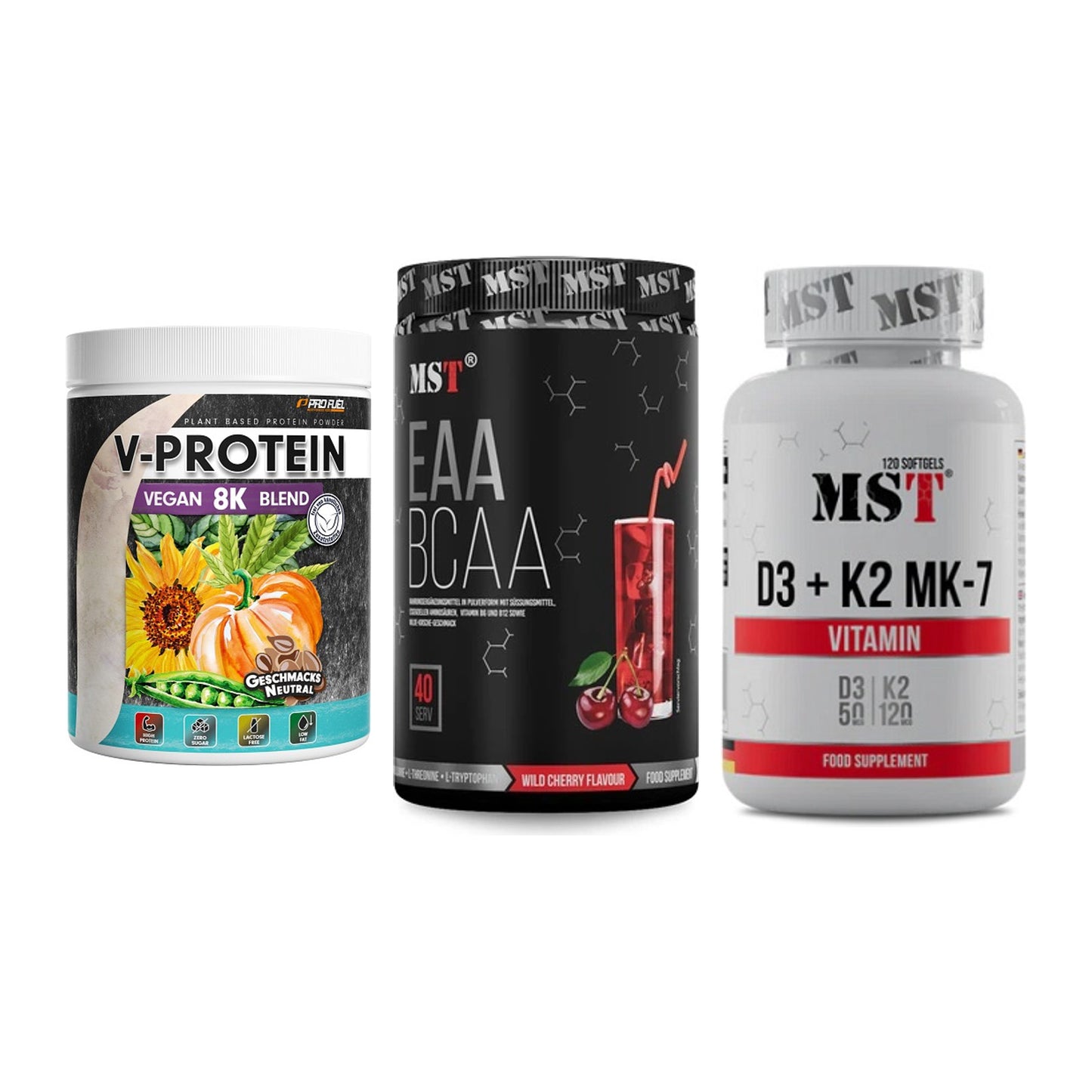Pflanzliches Set: ProFuel V-Prote + MST EAA & BCAA + MST Vitamin D3 – alle enthaltenen Artikel