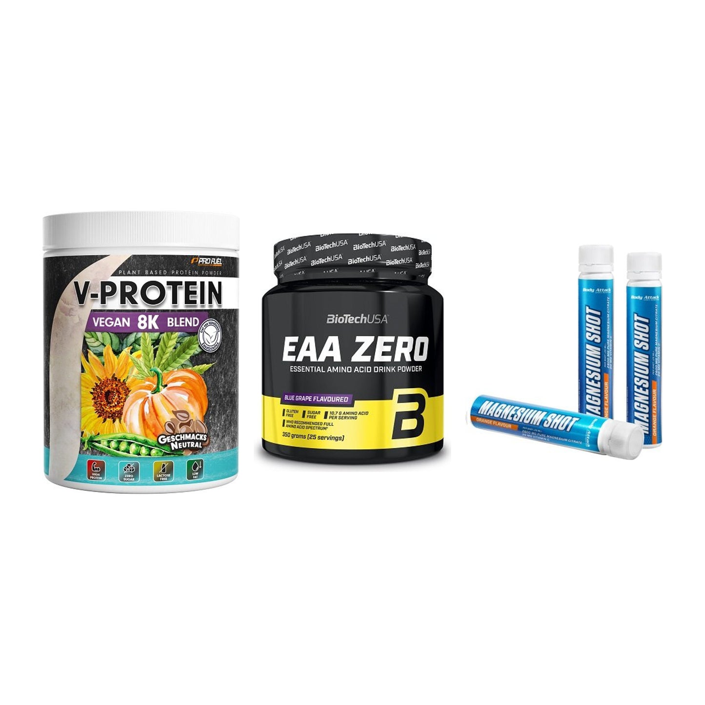Pflanzliches Set: ProFuel V-Prote + BioTech EAA + Body Attack – alle enthaltenen Artikel