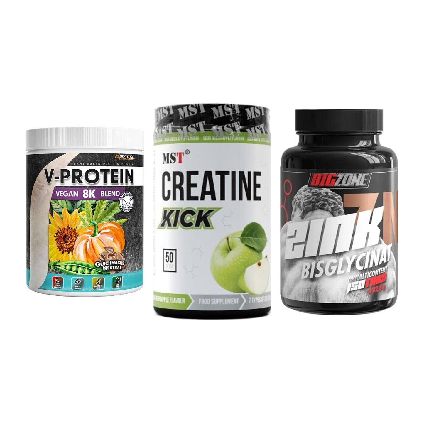 Pflanzliches Set: ProFuel V-Prote + MST Creatine + Big Zone Zink – alle enthaltenen Artikel