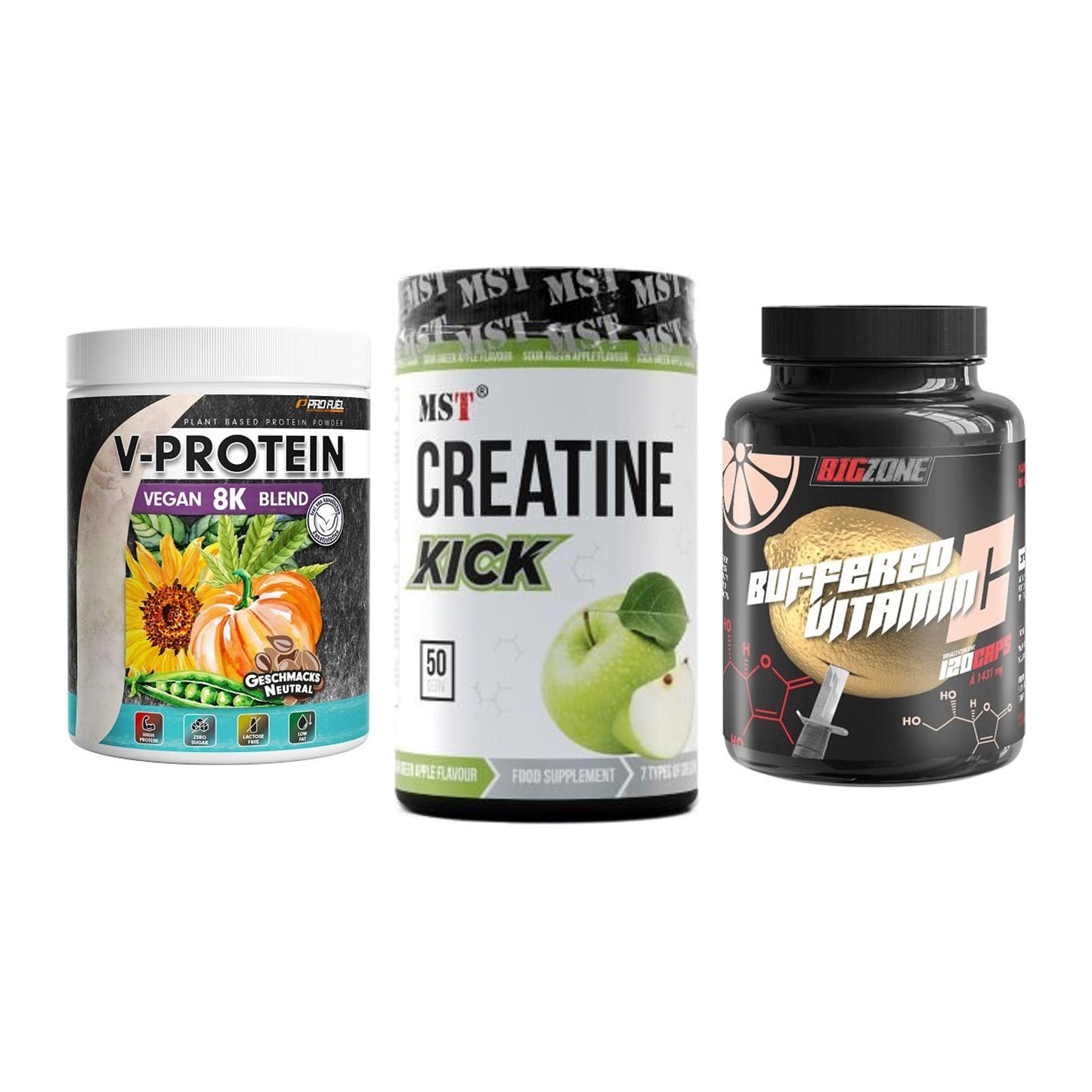 Pflanzliches Set: ProFuel V-Prote + MST Creatine + Big Zone – alle enthaltenen Artikel
