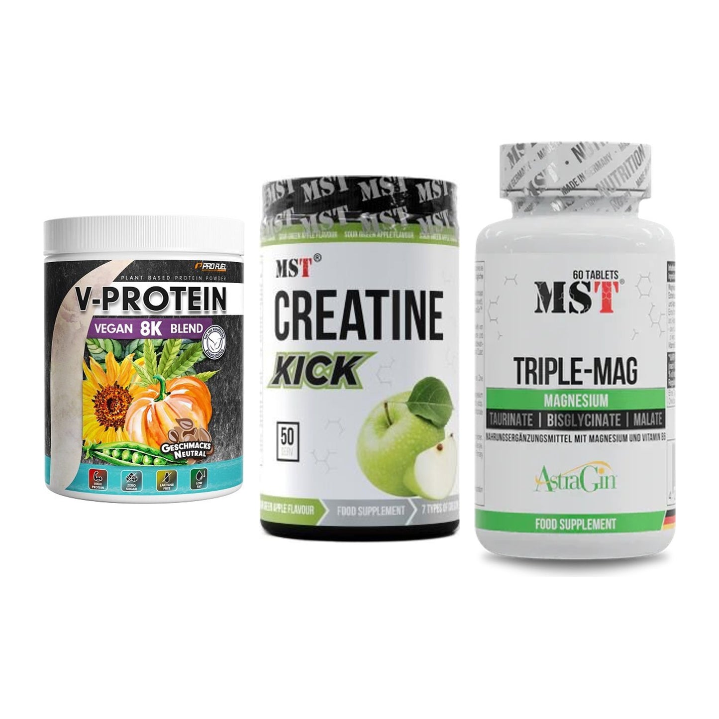 Pflanzliches Set: ProFuel V-Prote + MST Creatine + MST Tripple Mag – alle enthaltenen Artikel