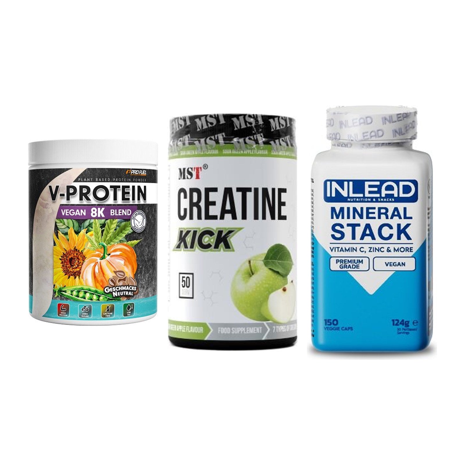 Pflanzliches Set: ProFuel V-Prote + MST Creatine + INLEAD Mineral – alle enthaltenen Artikel
