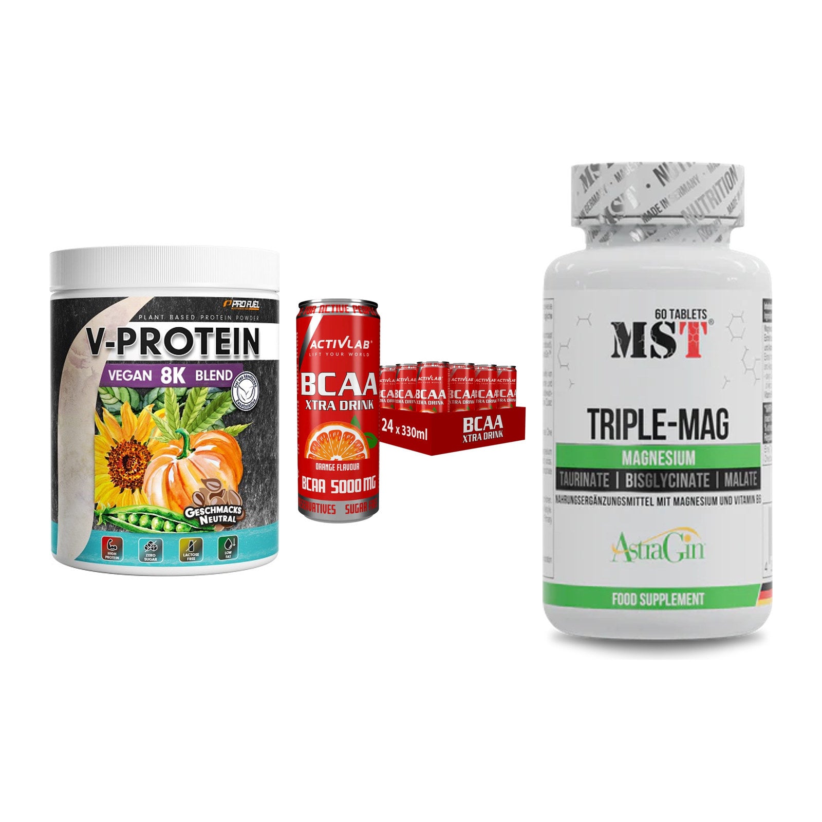 Pflanzliches Set: ProFuel V-Prote + Activlab BCAA + MST Tripple Mag – alle enthaltenen Artikel