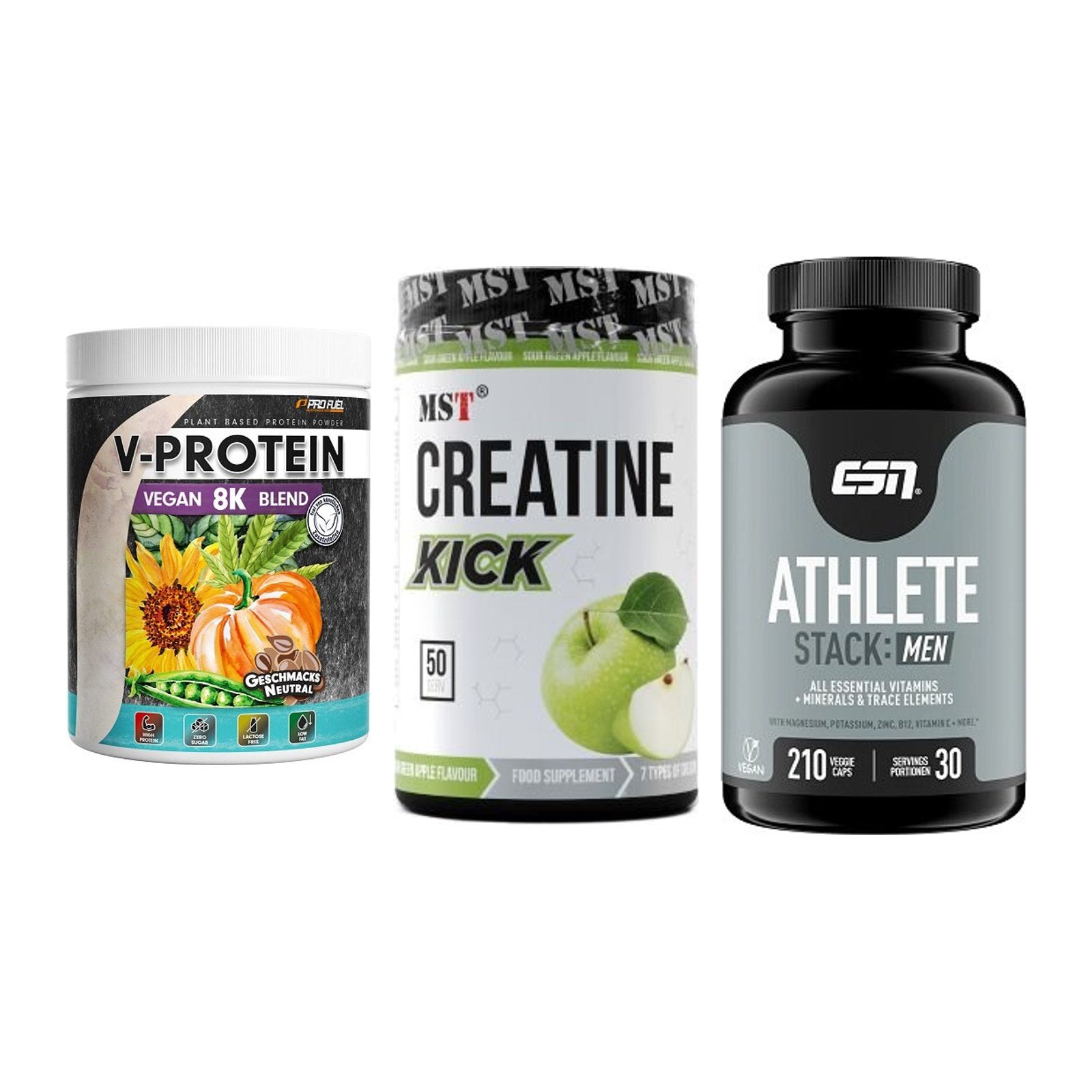 Pflanzliches Set: ProFuel V-Prote + MST Creatine + ESN Athlete – alle enthaltenen Artikel