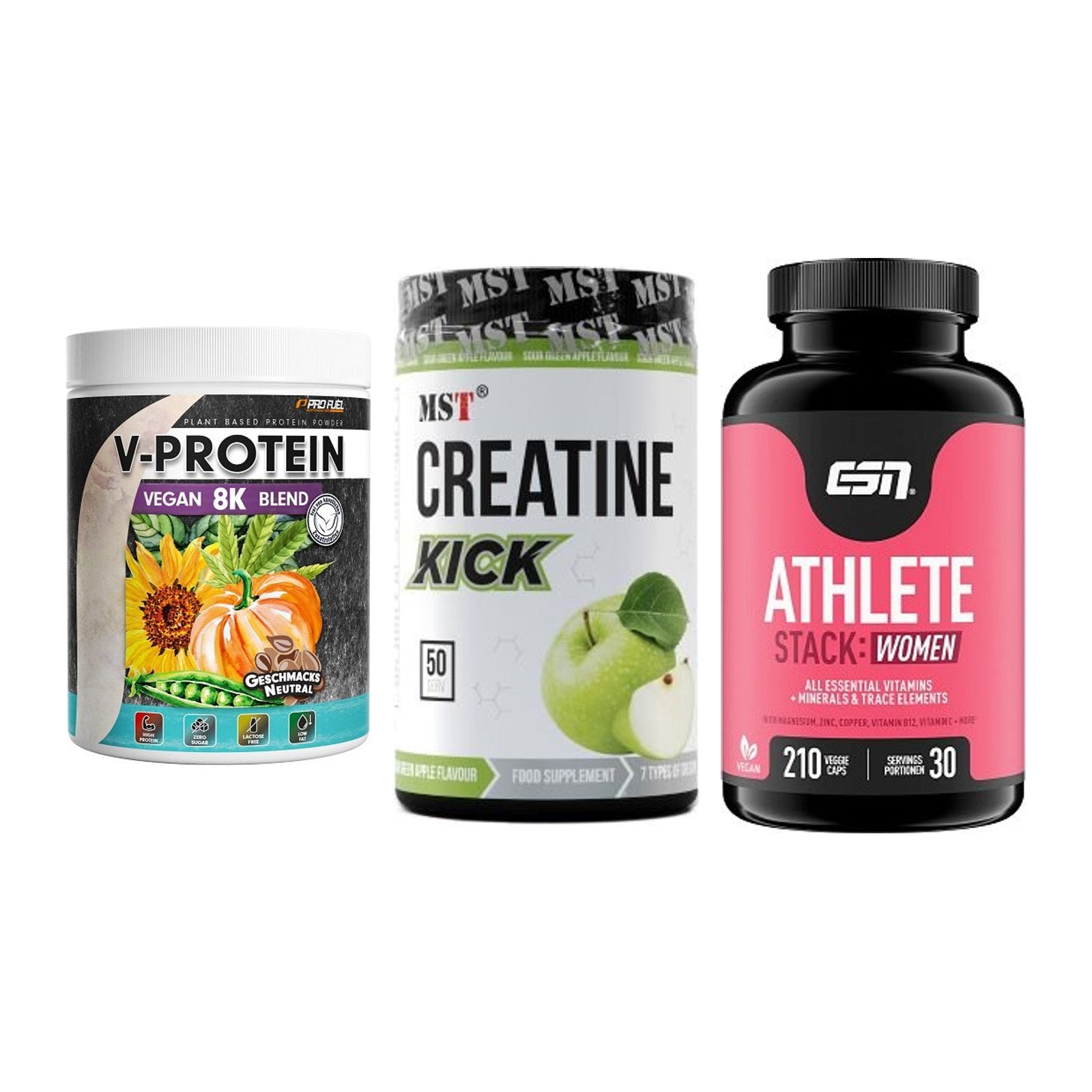 Pflanzliches Set: ProFuel V-Prote + MST Creatine + ESN Athlete – alle enthaltenen Artikel