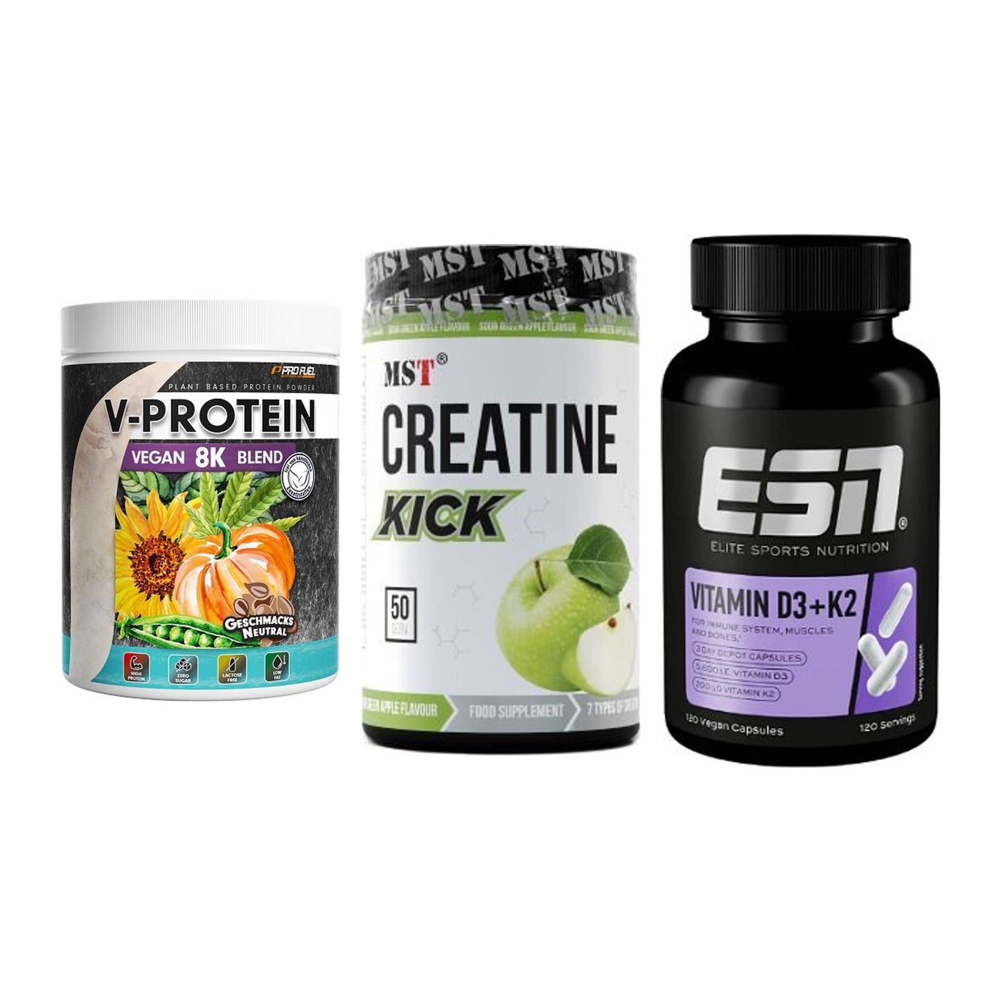 Pflanzliches Set: ProFuel V-Prote + MST Creatine + ESN Vitamin D3 – alle enthaltenen Artikel