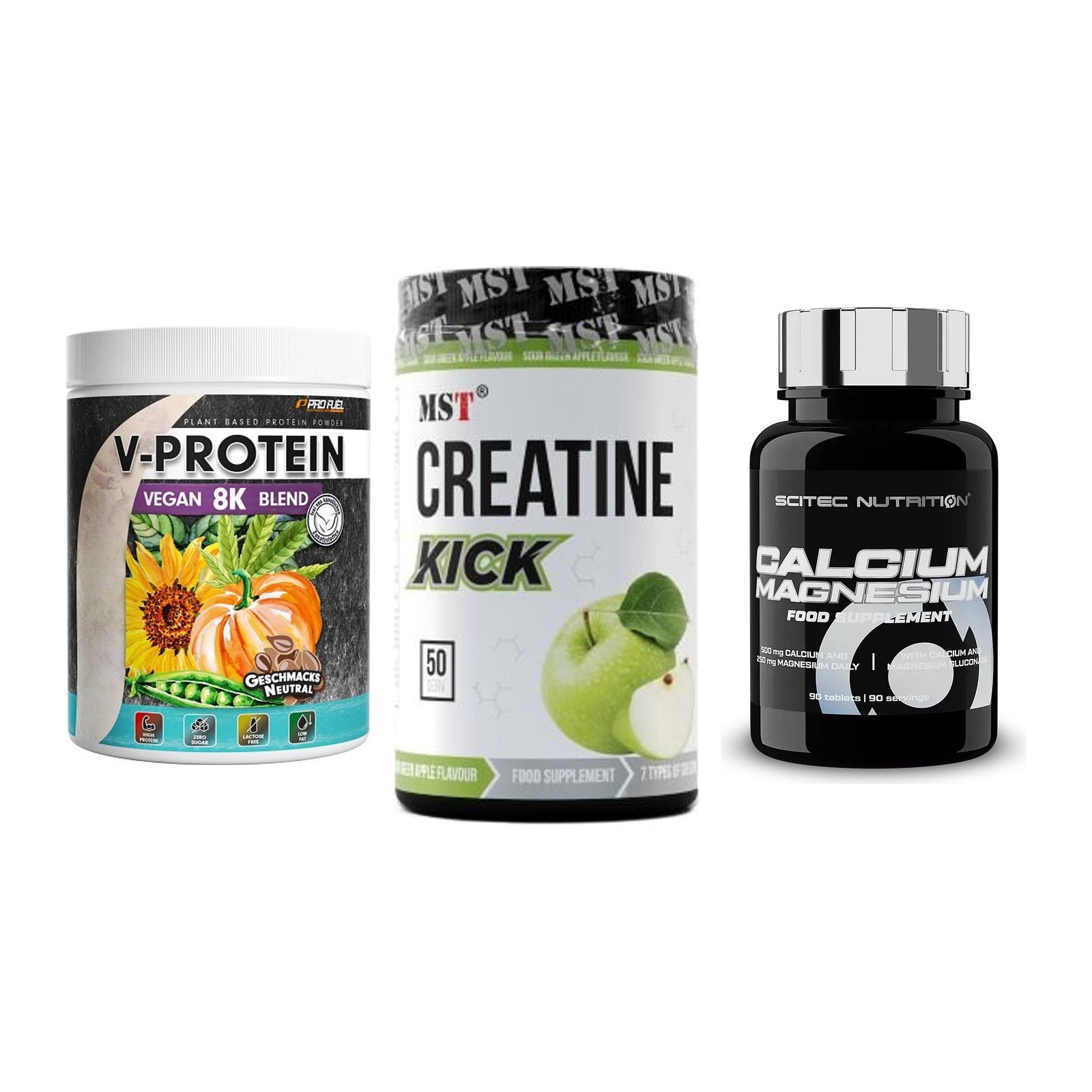 Pflanzliches Set: ProFuel V-Prote + MST Creatine + Scitec Calcium – alle enthaltenen Artikel