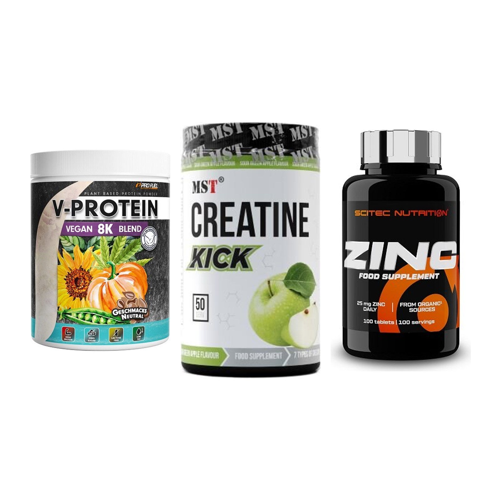 Pflanzliches Set: ProFuel V-Prote + MST Creatine + Scitec Zinc – alle enthaltenen Artikel