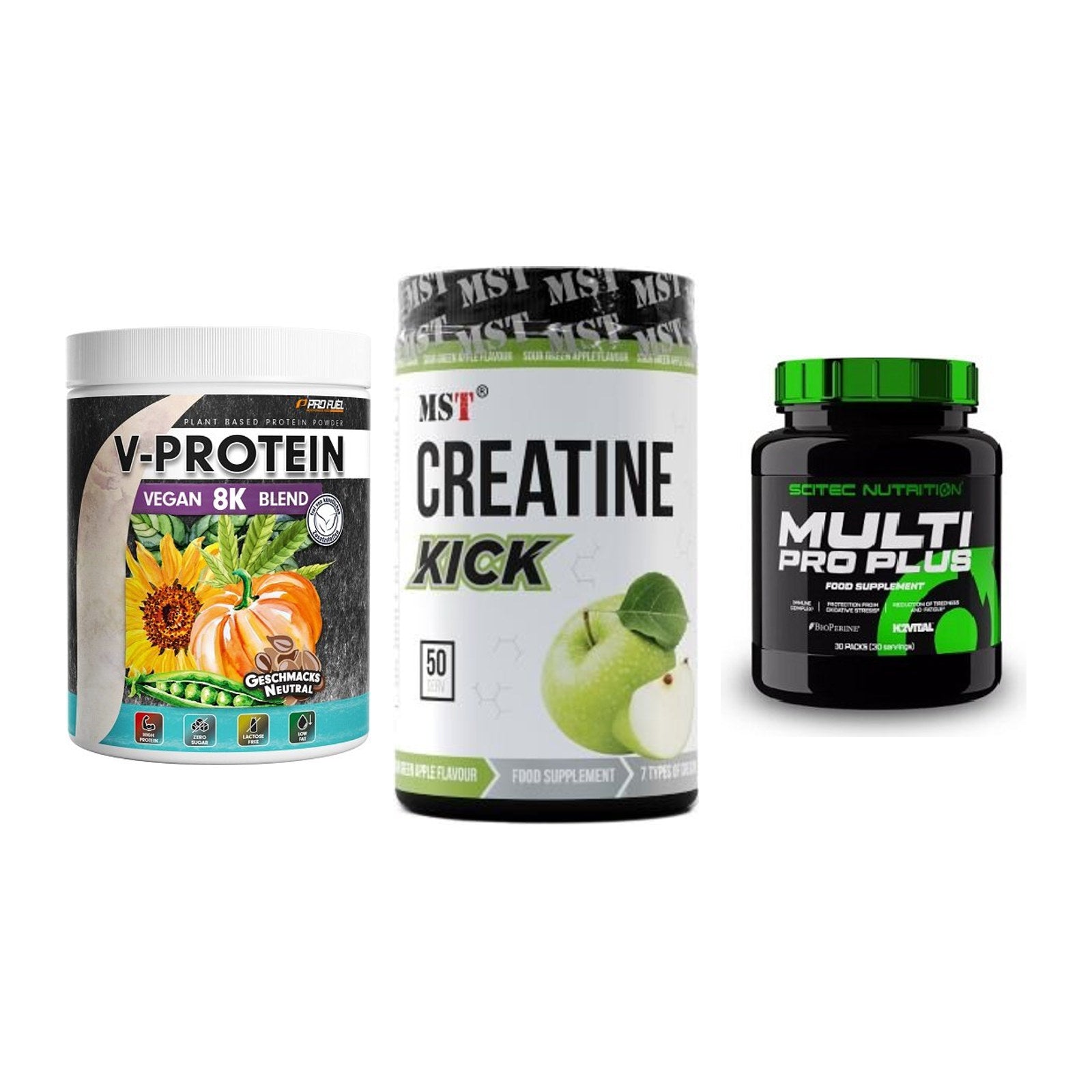 Pflanzliches Set: ProFuel V-Prote + MST Creatine + Scitec Multi – alle enthaltenen Artikel